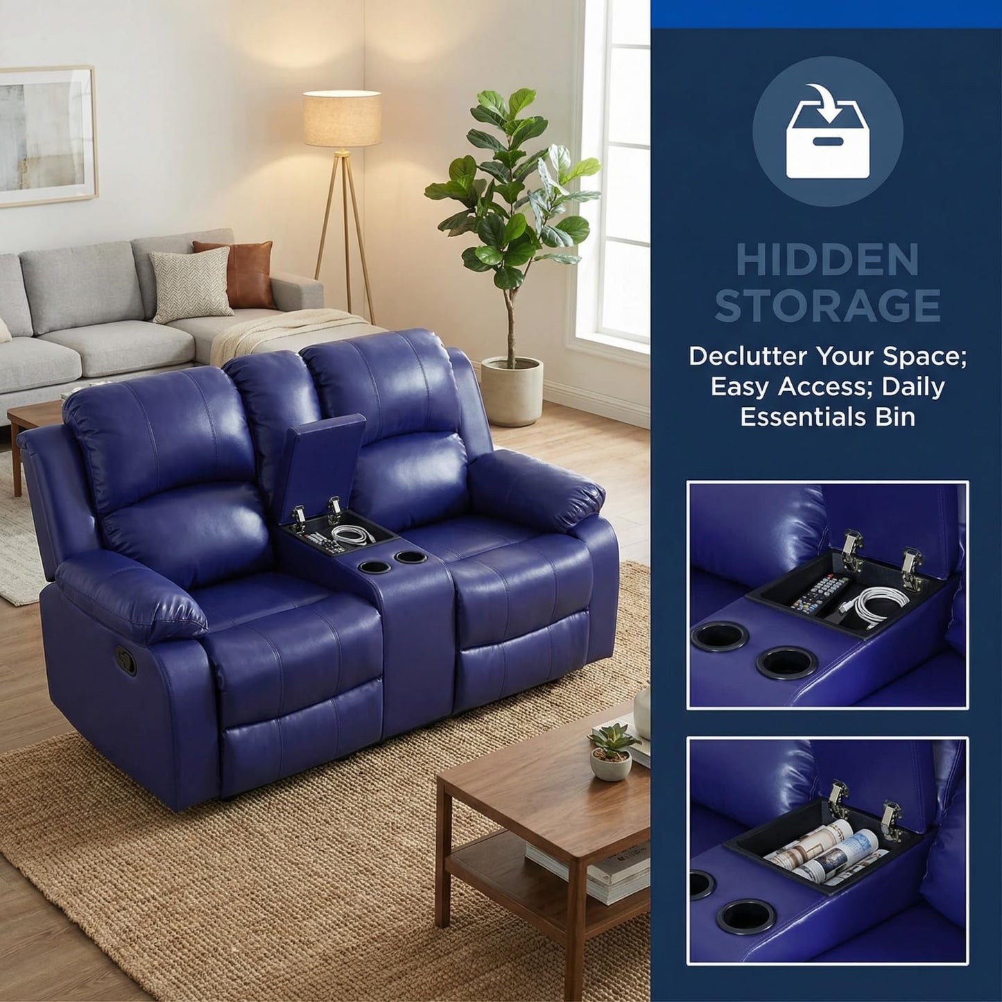 Trygoal Leather Recliner Sofa Set, Living Room Furniture Set, Adjustable Backrest Reclining Loveseat Sofa & Manual Recliner Chair, Comfortable Reclining Seats for Home Theater, Apartment, Dark Blue