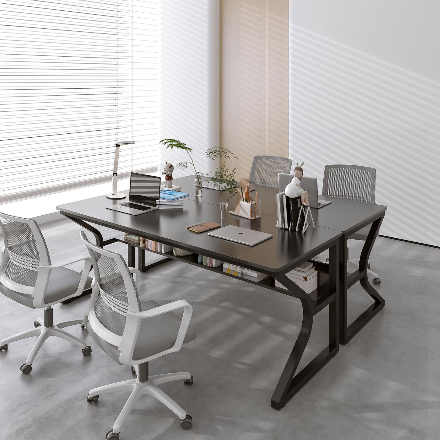 OSCHF Extra Long Desk with Bookshelf - 63" Double Long Writing Table for 2-Person Workstation, Modern Study Work Computer Desk for Home and Office, Black