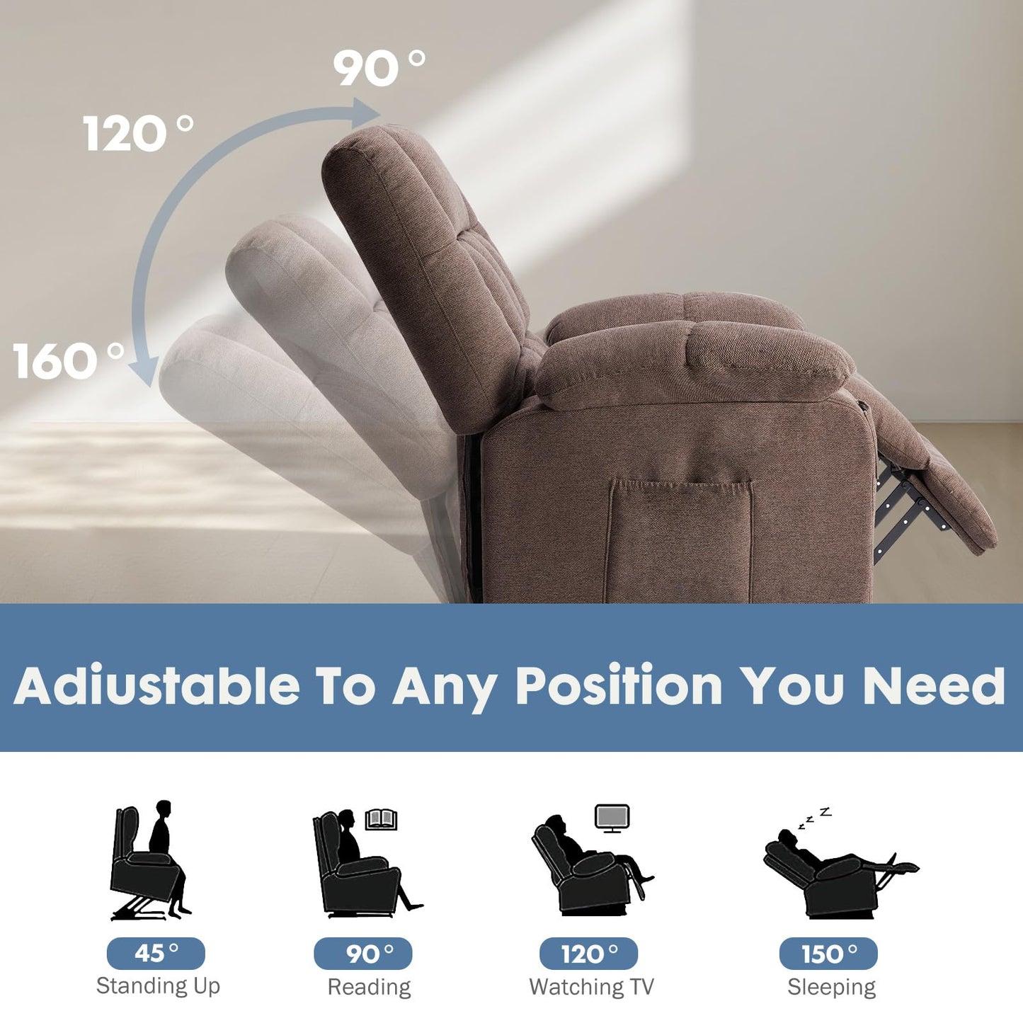 DUMOS Power Lift Recliner Chair with Vibration Massage and Heat for Elderly, Ergonomic Overstuffed Breathable Fabric Reclining Chair with 3 Pockets, Remote Control, Living Room, Bedroom, Brown