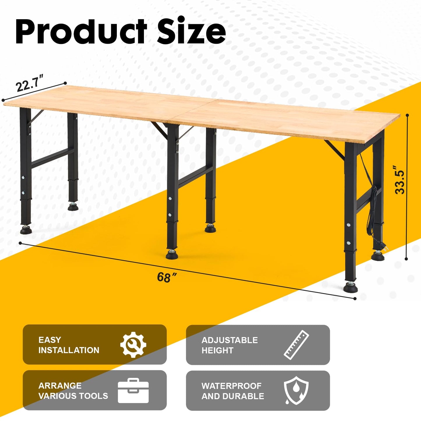OLBRUS 68 "Adjustable Workbench with Power Outlet - Work Bench Table Heavy Duty 1500 LBS Load Capacity, Hardwood Work Table for Garage, Workshop, Office, Home