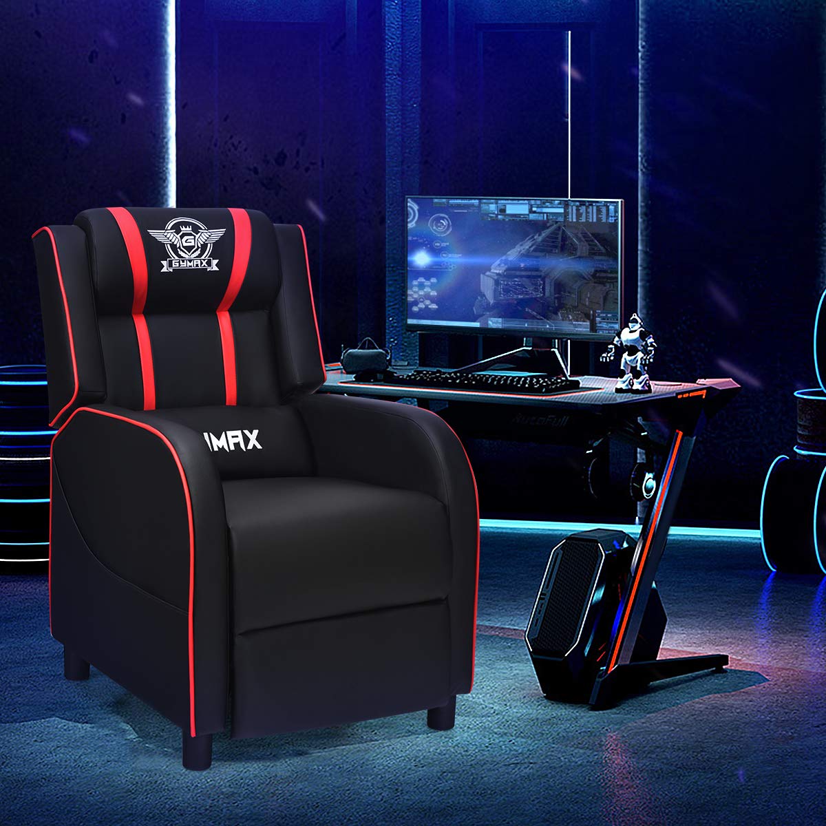 GLOBALWAY Gaming Recliner, Movie Theater Chair w/Adjustable Backrest & Footrest, Massage Lumbar Pillow, Racing Single Sofa, PU Leather Reclining Chair for Gaming Room, Home Theater (Red)