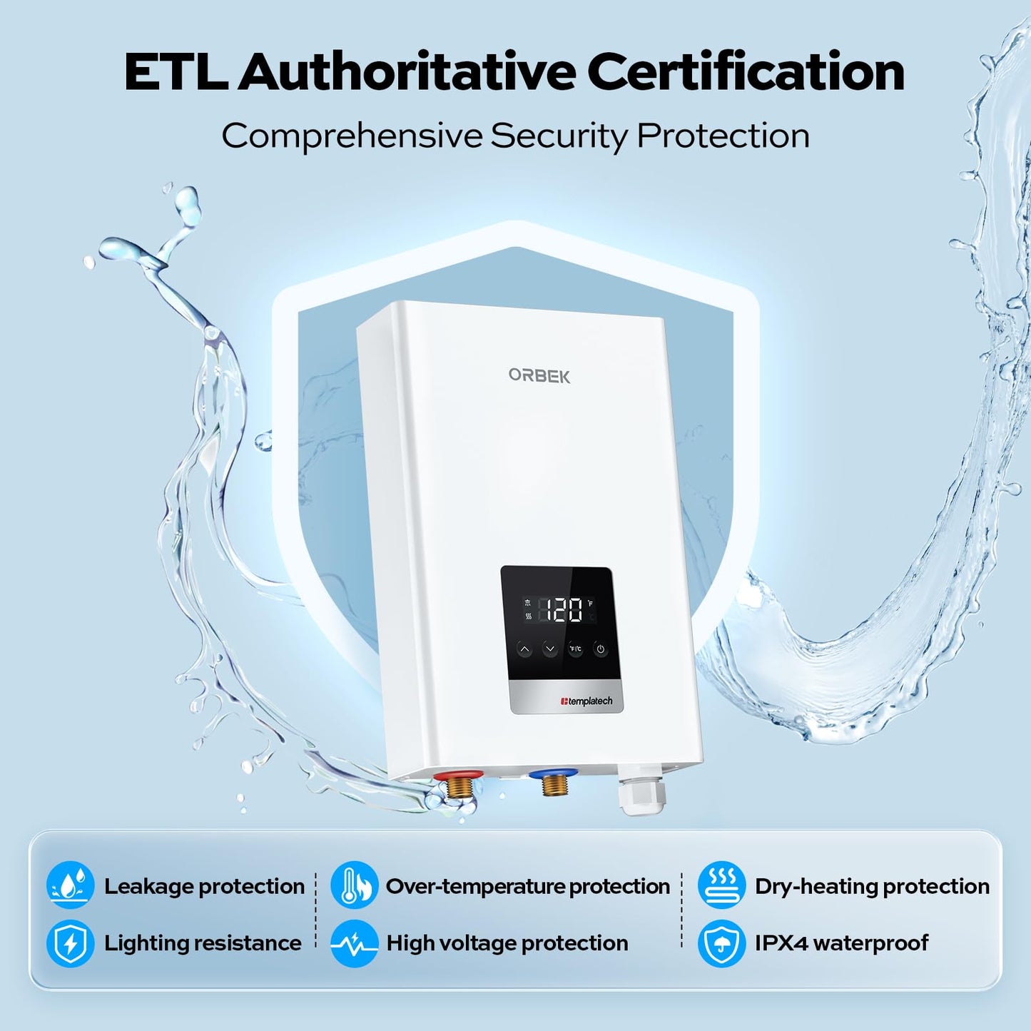 18kW Tankless Water Heater Electric, ORBEK Instant On Demand Hot Water Heater 240V, Up to 4.17 GPM, Supply for 2-3 Fixtures, within 1℉ Stable Temp, ETL Certified, Indoor Installation