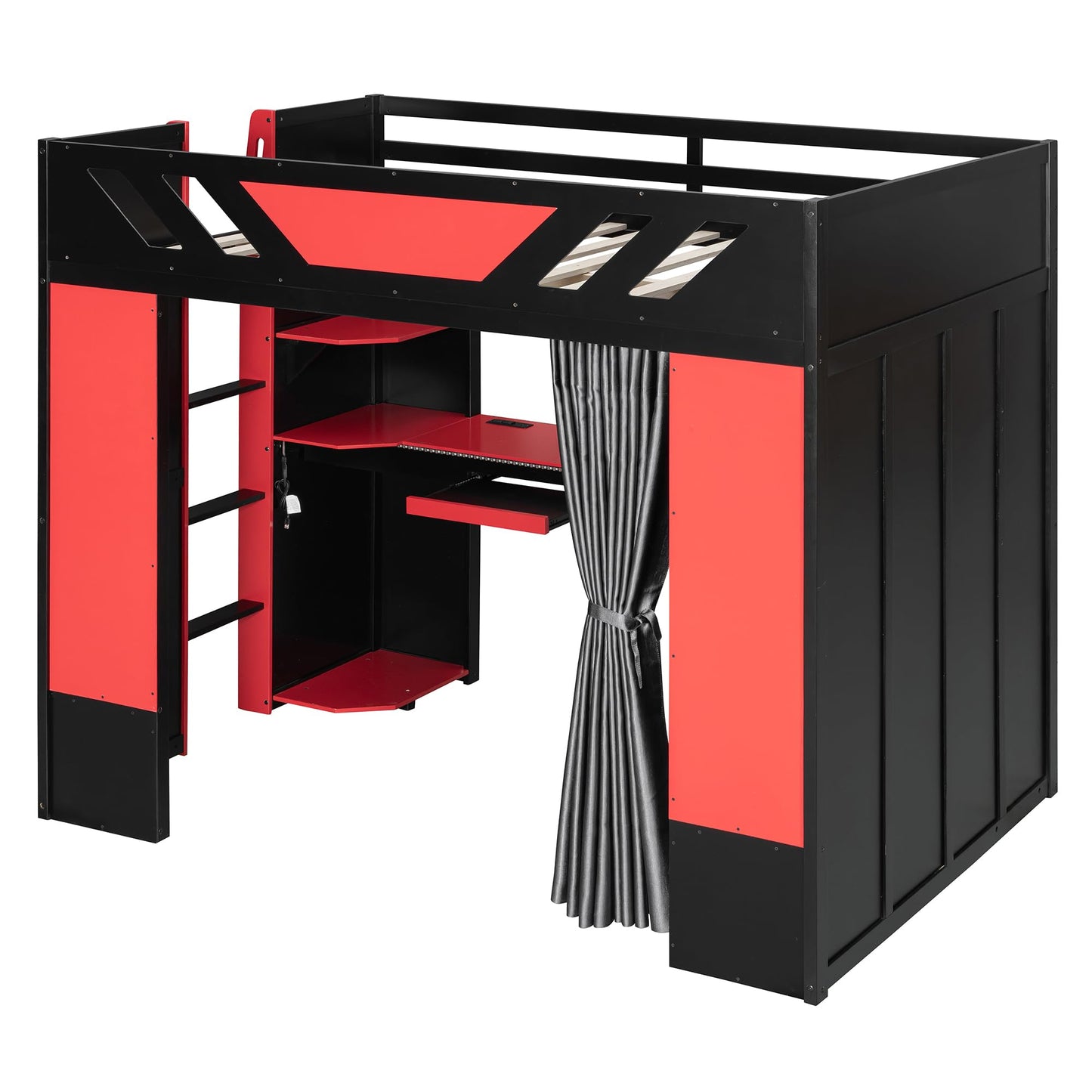 Merax Full Size Loft Bed with Desk and Storage Shelves, Gaming Loft Bed Frame with USB Charging Station and Curtains, Space Saving Loft Bed for Teens Bedroom, Black + Red