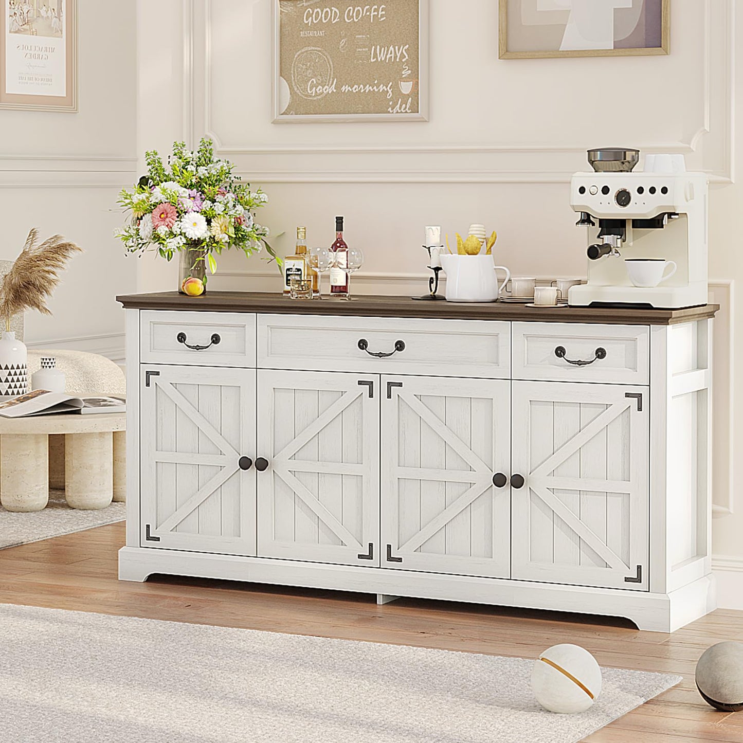 Vipbear 65" Large Sideboard Buffet Cabinet with Storage, Farmhouse Buffet Table Wine Coffee Bar Kitchen Storage Cabinet with 3 Drawers 4 Doors for Living Room, Kitchen, Dining Room, White