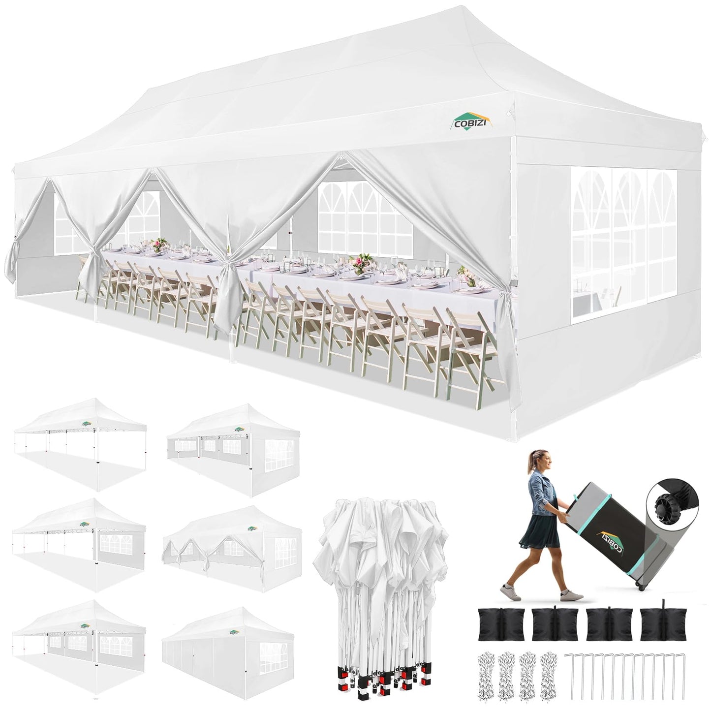 COBIZI 10x30 Pop up Canopy with Roller Bag & 8 Removable Sidewalls, Canopy Tent for Parties, Wedding, and Commercials, Waterproof and Instant Shelter UV50+ Outdoor Gazebo with 4 Sandbags(Pure White)