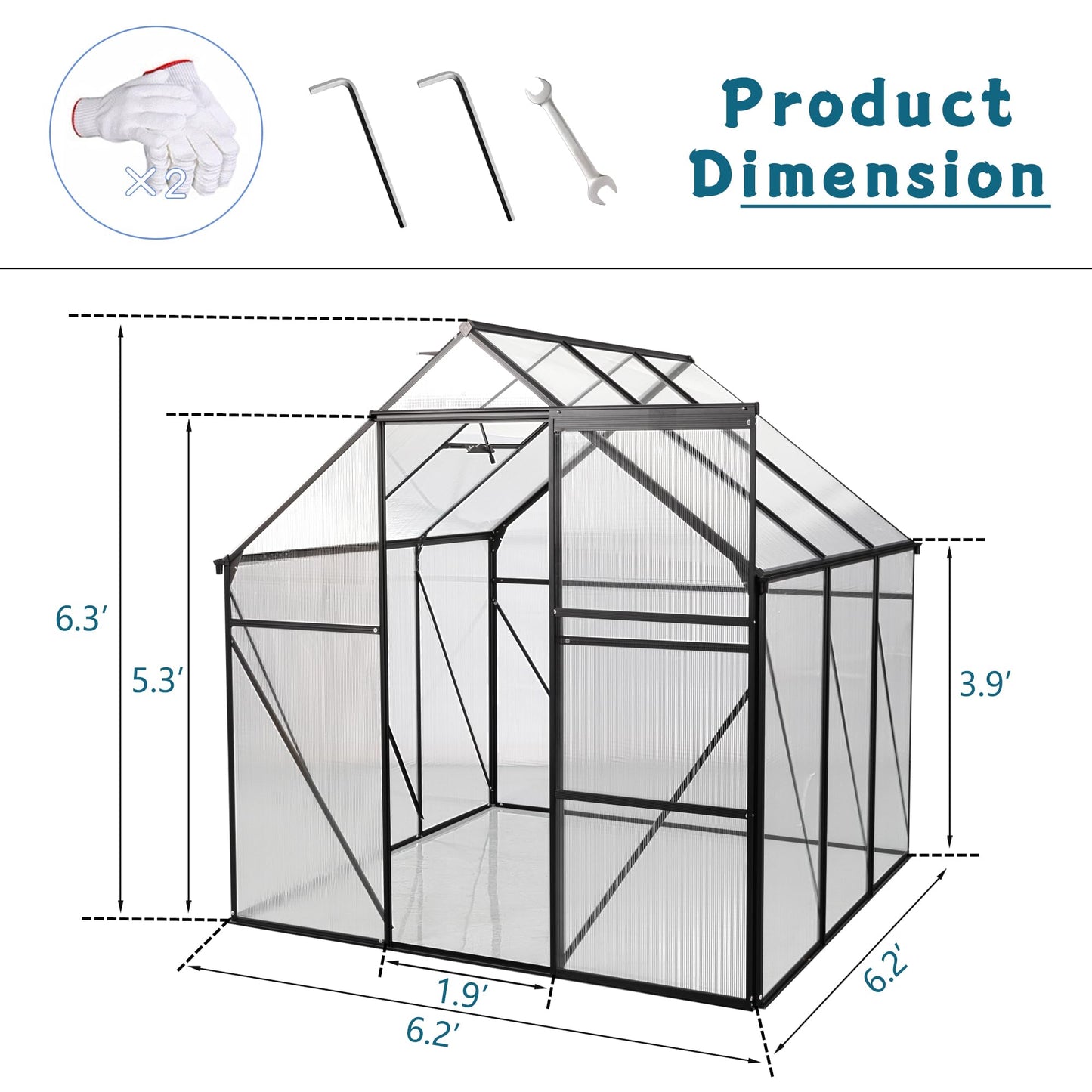 KEIKI 6x6 FT Polycarbonate Greenhouse with Aluminum Frame,Raised Base and Roof Vent,Walk-in Greenhouses for Patio Garden