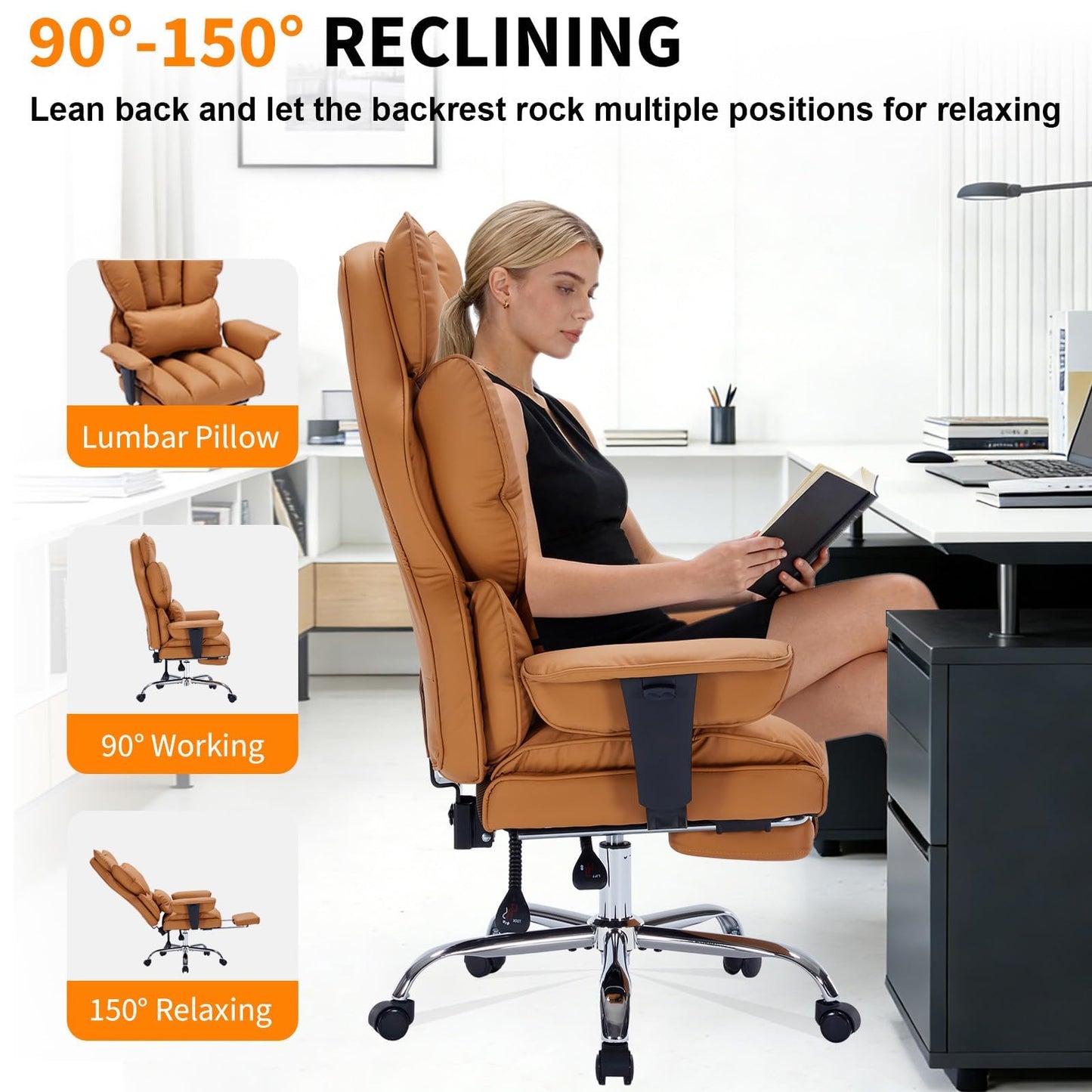 Big and Tall Office Chair, 400lbs Executive Leather Office Chair with Footrest, Ergonomic Gaming Chair for Adults, High Back Desk Chair with Lumbar Support, Wide Seat, 150 Degree Reclining, Brown