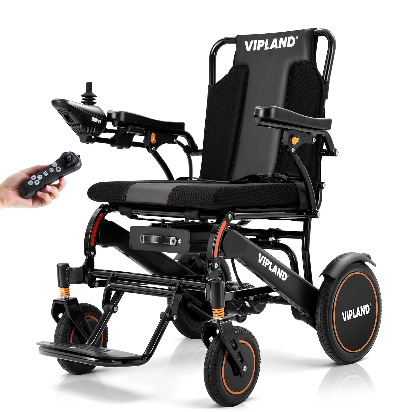 VIPLAND Portable Electric Wheelchairs for Adults, Lightweight Foldable Electric Motorized Wheelchair, 15 Miles Range, 700W Motors, Support 250lbs, All Terrain Airline Approved, Remote Control, Orange