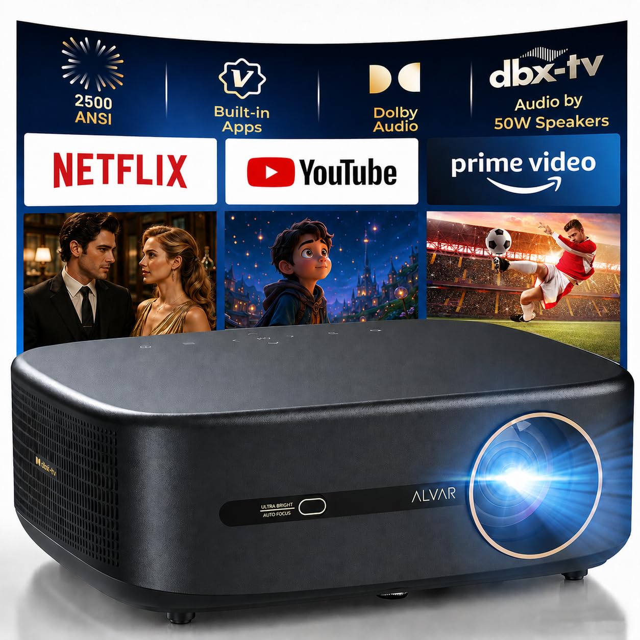 Alvar Projector 4K Support, Upgraded Smart Projector with 2500 ANSI, 50W Speakers, DoIby Audio, Built-in NetfIix App, Fully Automatic, WiFi 6 & Bluetooth 5.3 for Soccer Game/Home Theater/Outdoor Movie
