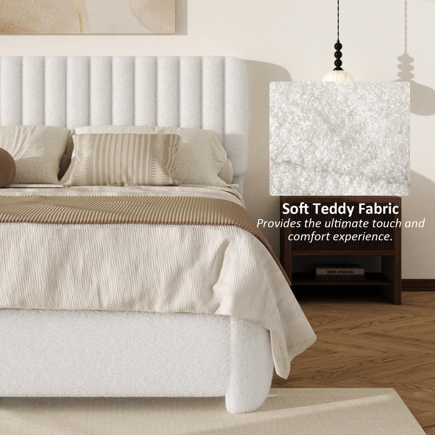 Konprosp King Size Cloud Bed Frame, Upholstered Boucle Platform Bed with Round Corner Adjustable Headboard, Modern Style, No Box Spring Needed, Never Squeak, Easy Assembly, White