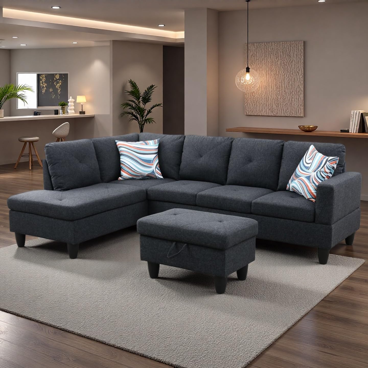 NicBex Sectional Couch 3 Pieces Sofa Set, L-Shaped Modular Couches for Living Room, Furniture Sets with Lounge Chaise & Storage Ottoman, Multi-Scene Use for Apartment & Office, Black Grey