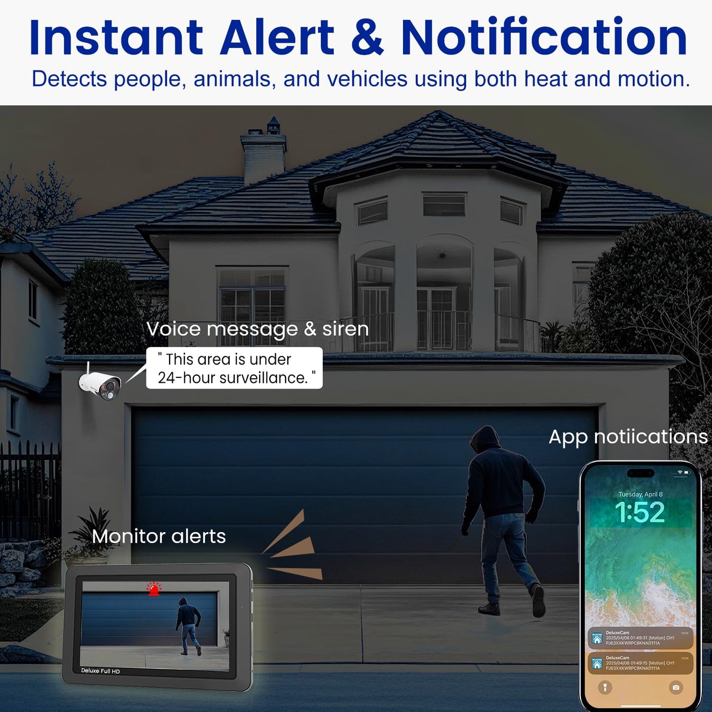 CasaCam Wireless Security Camera System Deluxe | 7" Touchscreen Monitor & 2 1080p Cameras | AC Powered, No Monthly Fees, Two-Way Audio, Free APP, SD Card and Battery Installed, Model VS5802