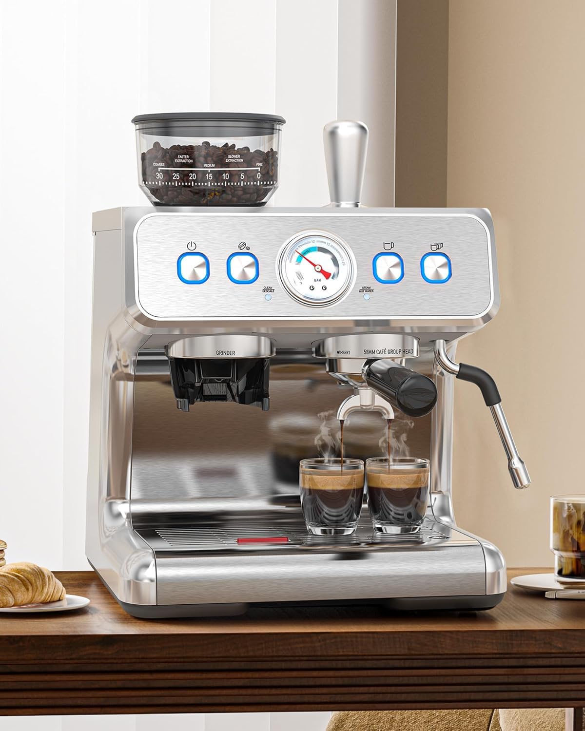 COWSAR 20 Bar Espresso Machine with Grinder & Milk Frother Steam Wand, 58mm Expresso Coffee machines, Commercial Stainless Steel Coffee Maker for Cappuccino and Latte, Perfect for Home Café