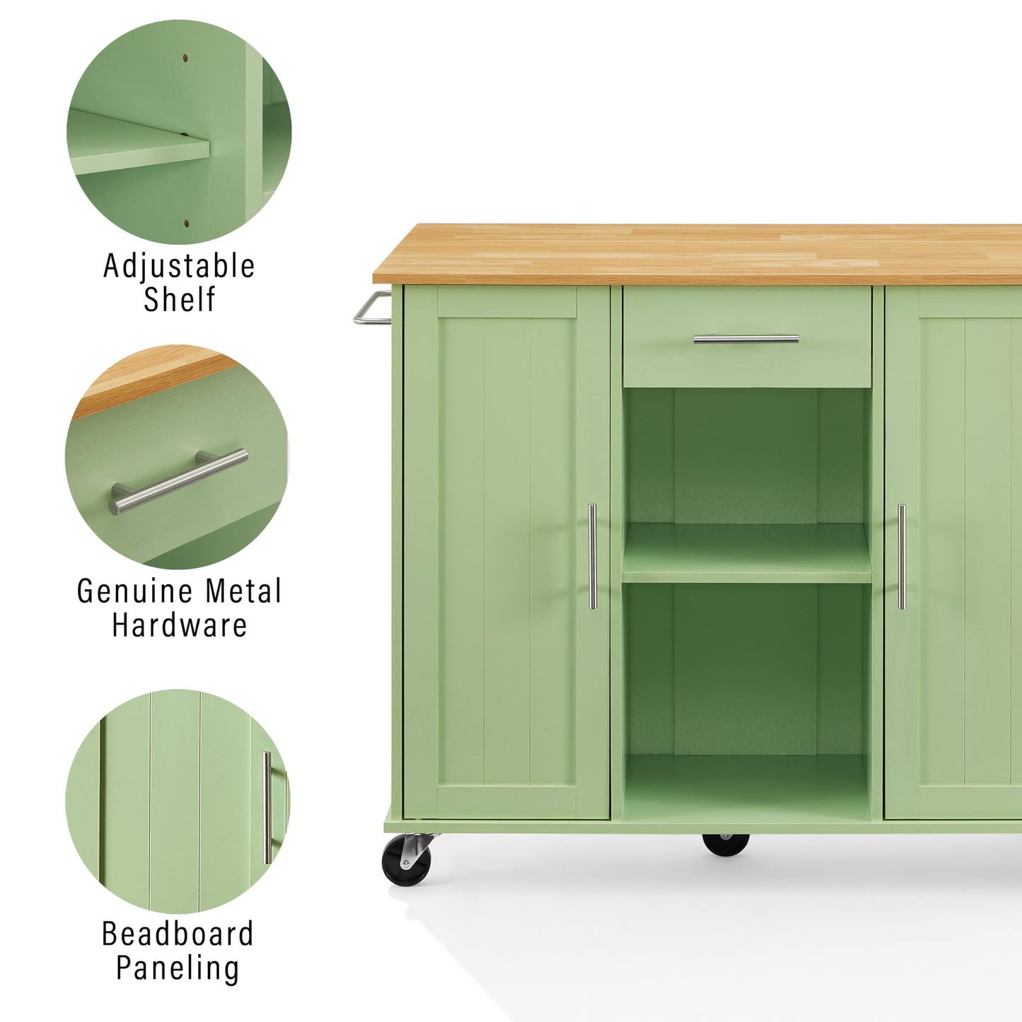 Crosley Furniture Stella Rolling Storage Cart and Kitchen Island with Shelves, Microwave Stand, Coffee Bar, Mint/Natural