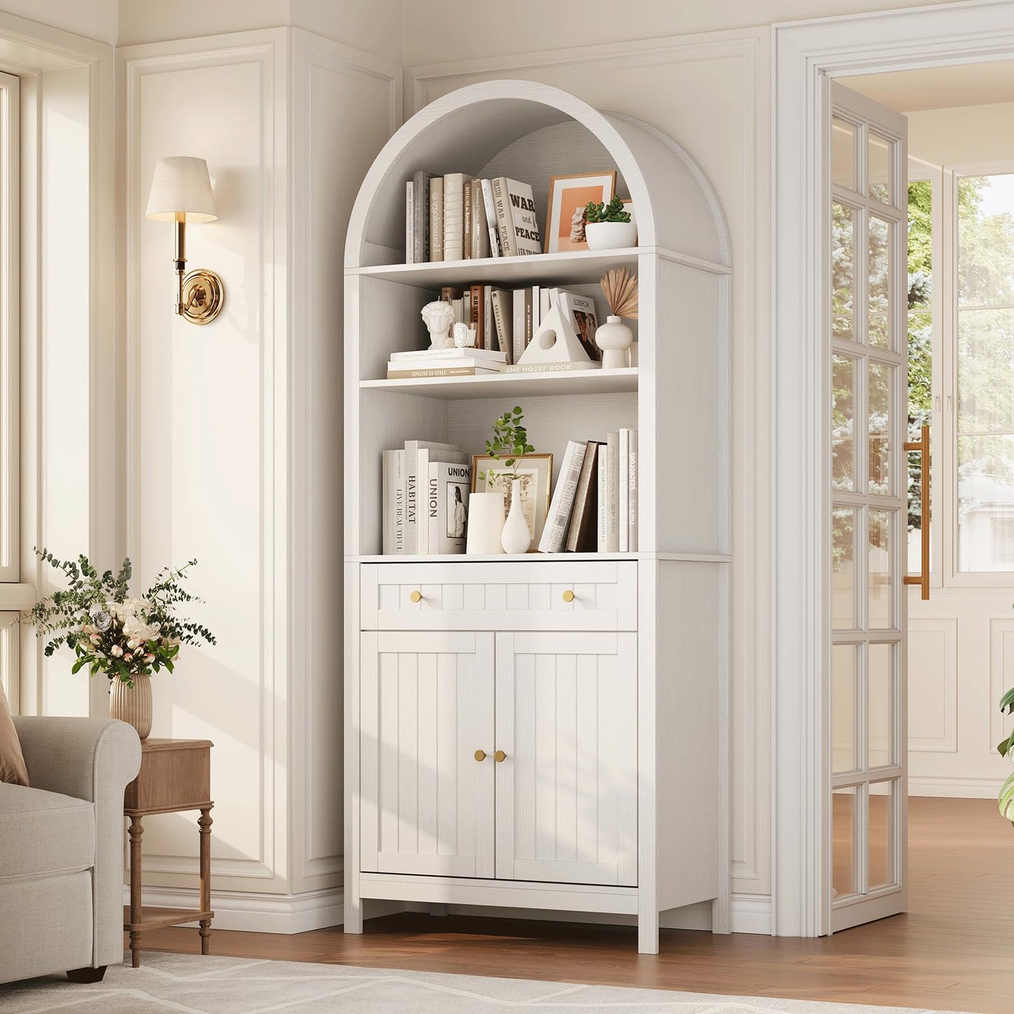 GarveeHome 73" Tall Arched Pantry Cabinet with 1 Drawer, 3-Tier Bookshelf, Bookcase, Kitchen Storage Cabinet with Doors and Adjustable Shelves, for Dining Room and Livingroom