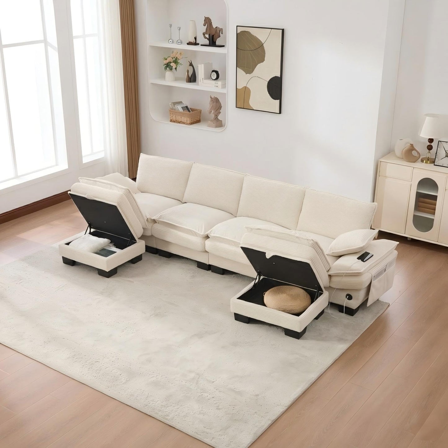130" Oversized Modular Cloud Sectional Sofa Convertible U/L Shaped Couch Sets for Living Room - 6 Seater Corduroy Cloud Cushion Couches with Storage Ottomans and Pillow Armrest