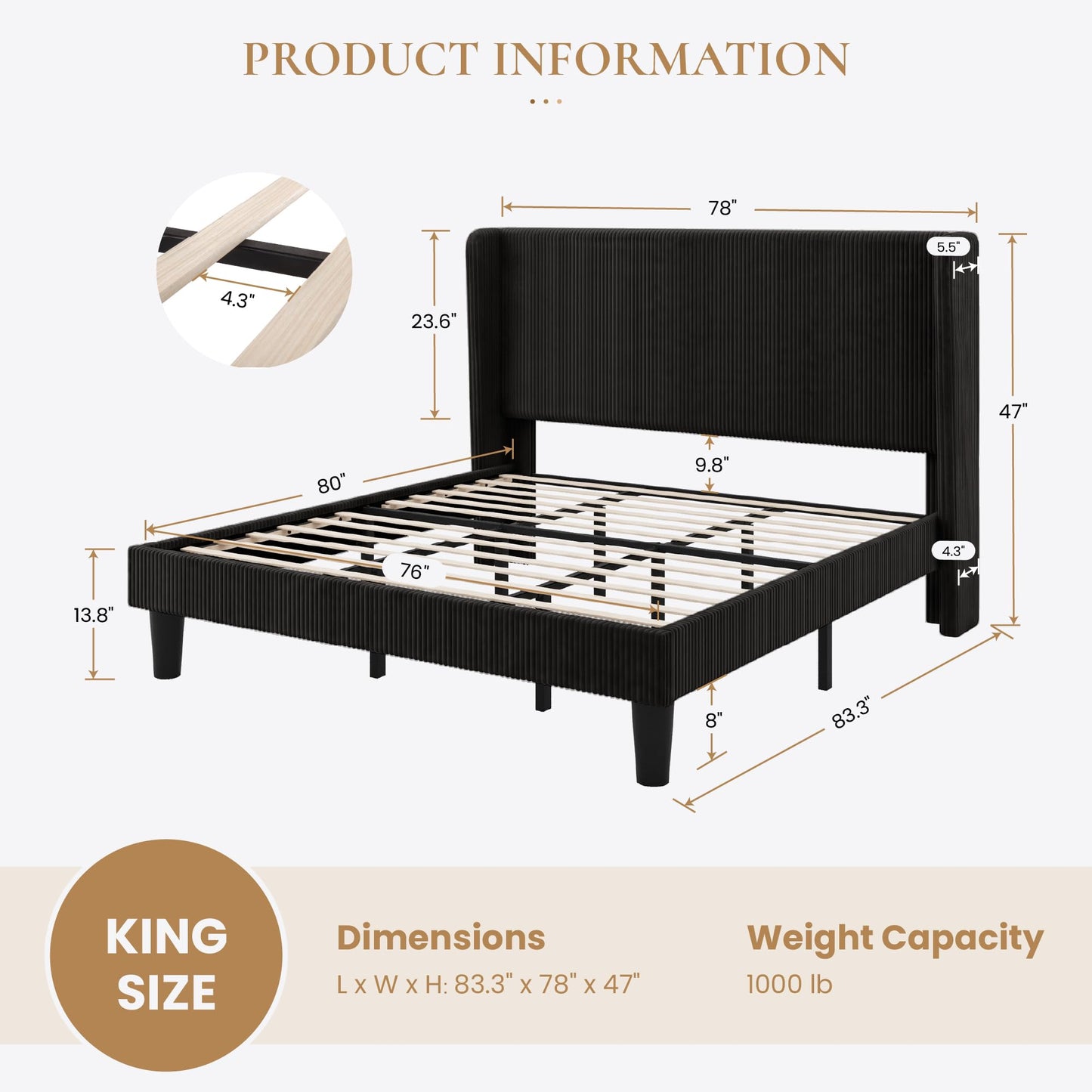 SHA CERLIN King Size Corduroy Upholstered Platform Bed Frame with Vertical Channel Tufted Wingback Headboard, 8" Under Bed Storage, Wooden Slats & Metal Frame Support, Easy Assembly, Black