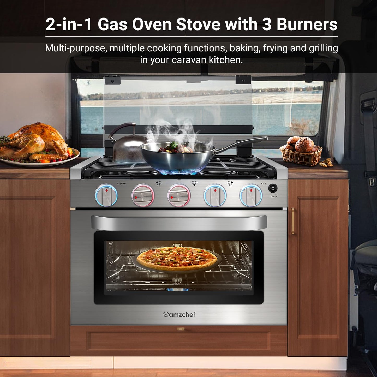 AMZCHEF 17 Inch 3-Burner RV Gas Range with 1.24 Cu.Ft Oven, High Output Propane Stove for Mobile Home, Camper, Apartment, Stainless Steel
