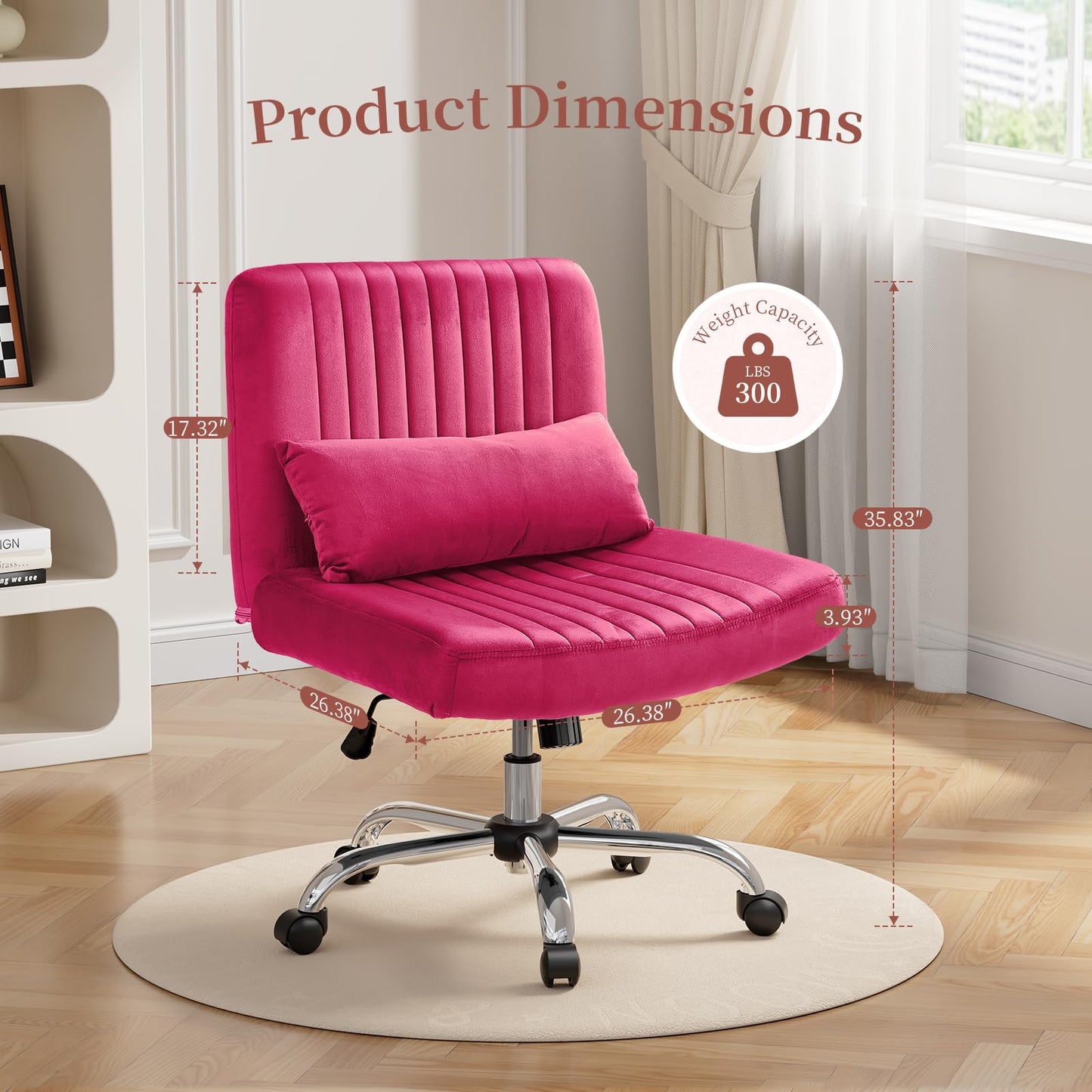 Warmiehomy Criss Cross Office Chair with Wheels, Velvet Cross Legged Desk Chairs for Home, Height Adjustable Swivel Wide Seat Computer Chair, Modern Vanity Chair for Women, Hot Pink