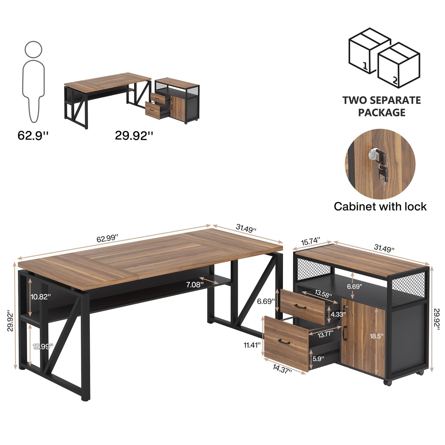 Tribesigns 63" Executive Desk with Reversible File Cabinet, Large L-Shaped Office Desk with Drawers, Business Furniture Workstation for Home Office