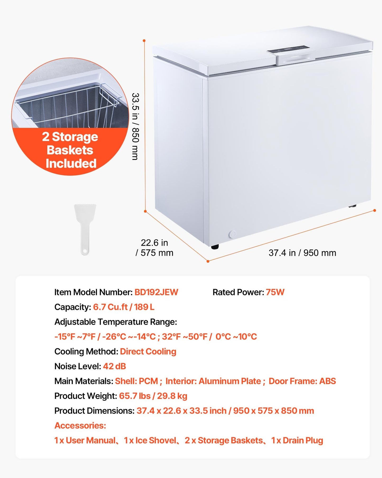 VEVOR Chest Freezer, 6.7 Cu.ft Compact Deep Freezer, Free Standing Top Open Door Chest Freezers with 2 Removable Baskets & Adjustable Thermostat - Energy Saving, Low Noise & Garage Ready, White