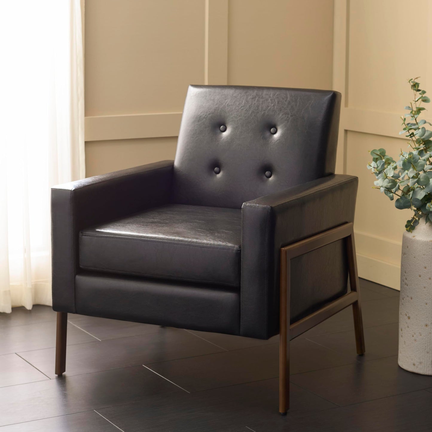 SAFAVIEH Home Collection - Roald Accent Chair, Black Faux Leather Tufted Seat & Antique Brown Solid Wood Frame (ACH6209D)