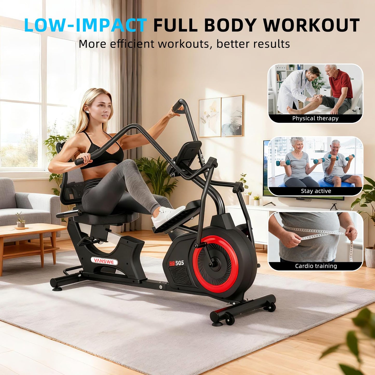 VANSWE Pro Recumbent Elliptical Cross Trainer – Full-Body Low-Impact Recumbent Exercise Bike with Bluetooth App, Magnetic Resistance, Quiet Belt Drive, 450 lbs Capacity for Seniors & Home Rehab