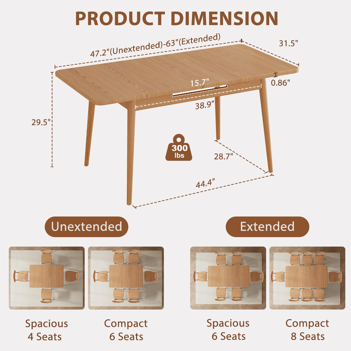 Muwuele Solid Wood Extendable Dining Table for 4-8 People with Seamless Extension from 47.2 to 63 Inches, Easy Assembly, Expandable Tables for Small Spaces, Dining Room, Kitchen, Living Room, Natural