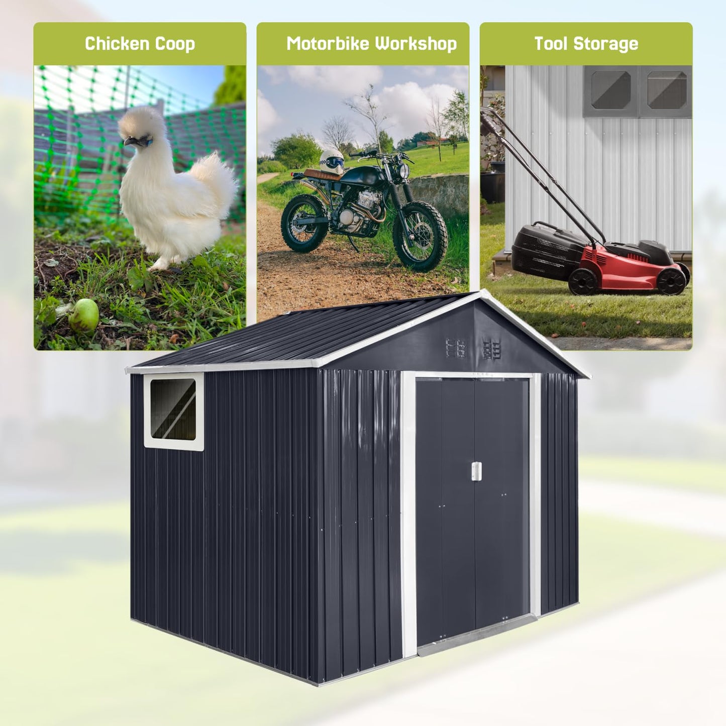 9' x 6.5' Outdoor Storage Shed, Sturdy Metal Building w/Windows & Lockable Doors for Garden, Backyard, Poolside and Lawn, Anthracite