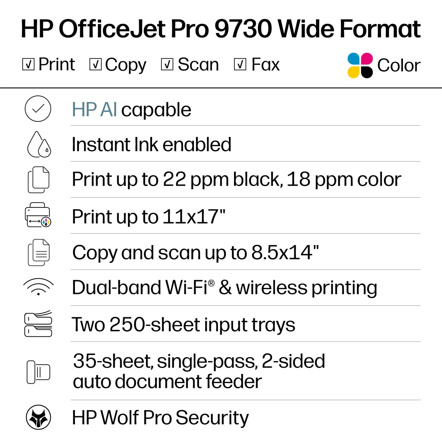 HP OfficeJet Pro 9730 Wide-Format Wireless All-in-One Color Inkjet Printer, Print, scan, Copy, fax, up to 11x17 ADF, Duplex Print/scan, Best-for-Office, 3 Month Trial of Instant Ink Included(C2WH0A)