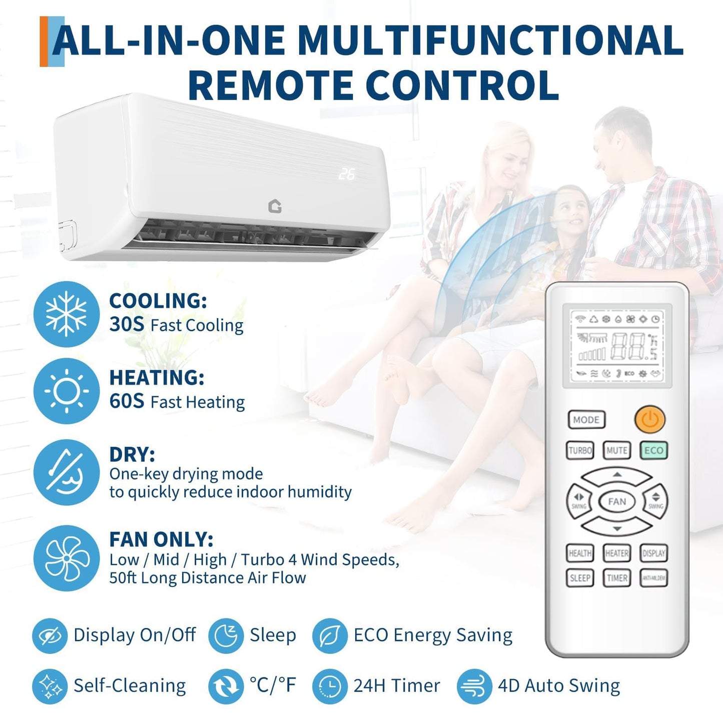 18,000 BTU Air Conditioner & Heater Pump, Covers Room Up to 1000 Sq. Ft, Enabled WIFI 21 SEER2 230 V Energy Efficient Ductless Air Conditioner, Mini Split AC & Heater Pump w/Inverter
