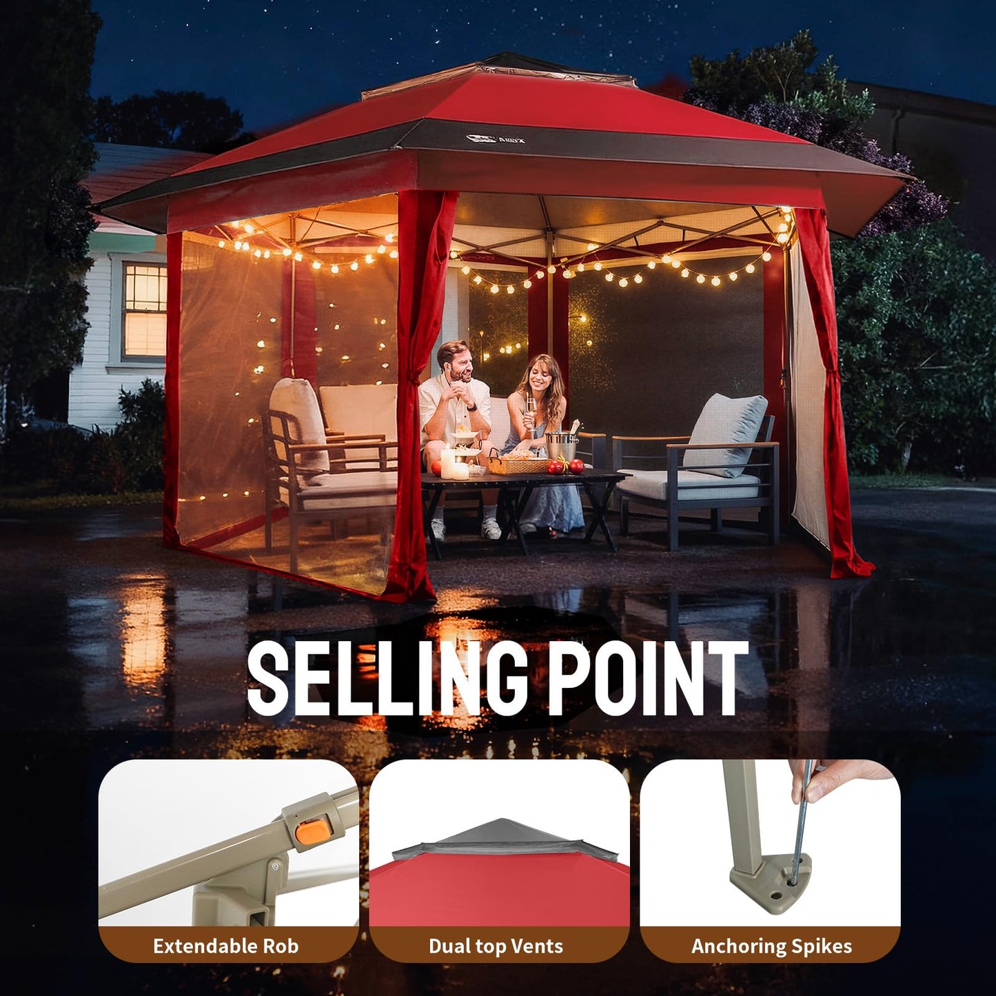 CROWN SHADES 13x13 Pop Up Gazebo with Mosquito Nettings, Patented CENTERLOK 6-Sided Portable Gazebo, 300D Silver-Coated Fabric UV Resistant, Pop Up Canopy Tent for Patio, Party, Red&Grey