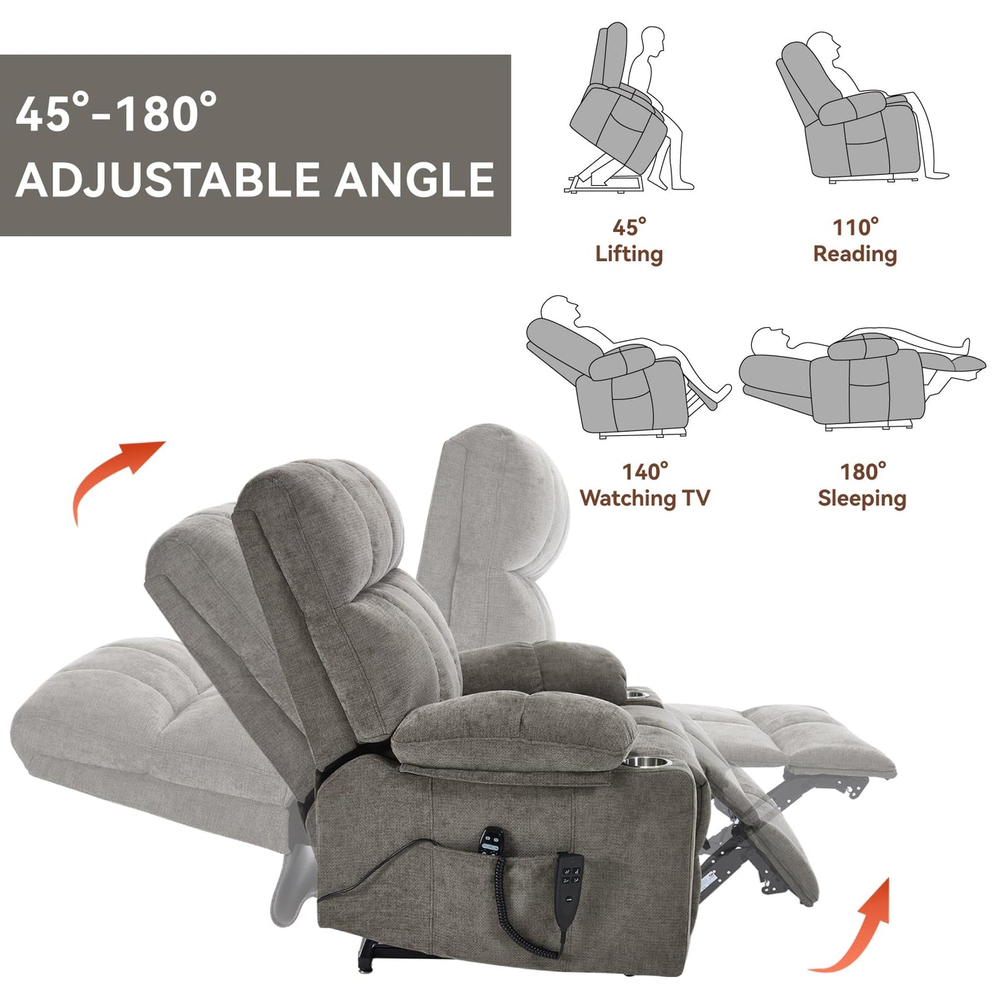 Dual Motor Power Lift Recliner Chair with Heat and Massage, Infinite Position Lift Chair, Oversized Chenille Recliner with 8-Point Vibration, Cup Holders and Side Pockets for Living Room, Brown