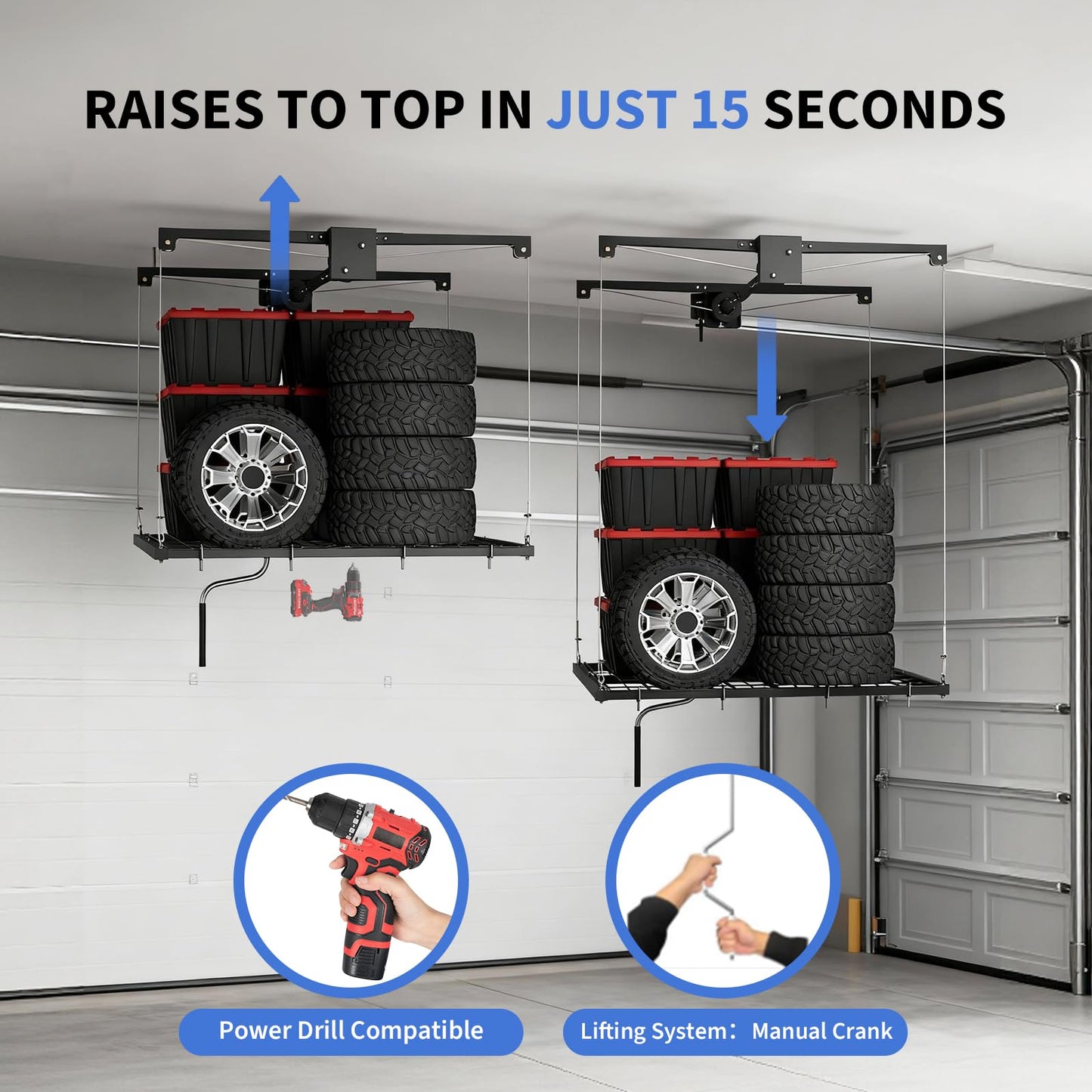 Overhead Garage Lifting Storage Rack, Maximize Your Garage Storage with Our 4x4 Ft Heavy-Duty Ceiling Storage Rack System, Supports 350 lbs, Adjustable & Easy to Install (Black 4x4 ft)