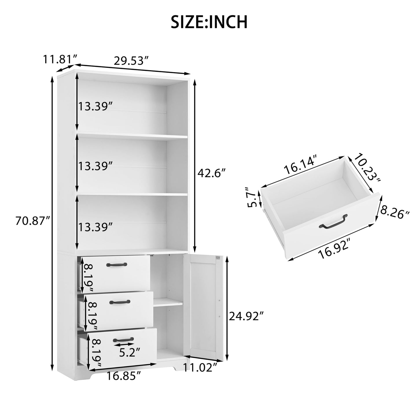 Garvee Bookshelf with Doors and 3 Drawers, 71" Tall Bookcase with 3-Tier Open Shelves, Wooden Book Shelf for Home Office, Living Room, Entrance, Hallway, White