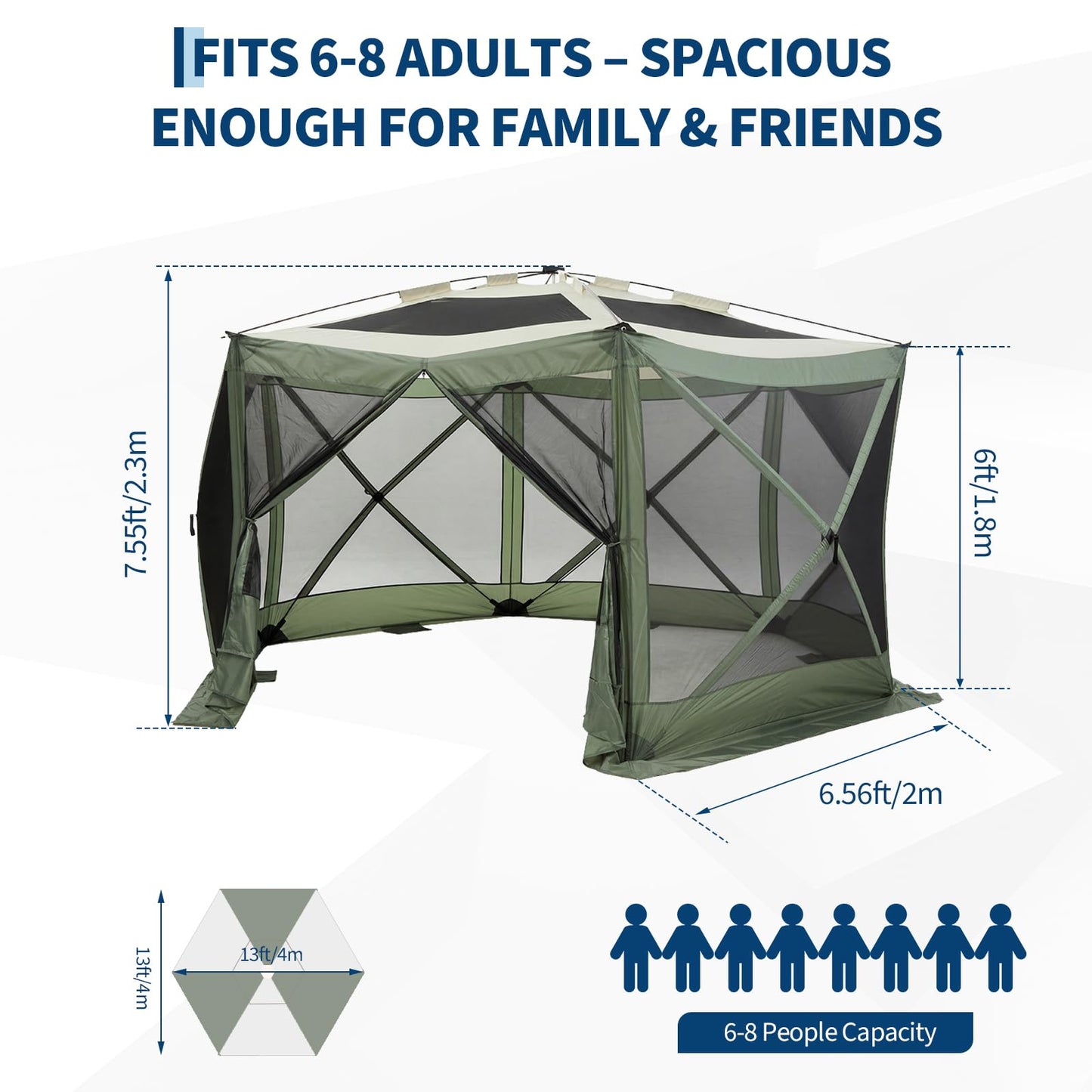 GarveeHome 13x13FT Pop Up Gazebo Screen Tent, 6-Sided Canopy with Starry Sky Top, 210D Oxford Water-Proof Instant Shelter with Mosquito Netting for Backyard Camping, Green & Gray