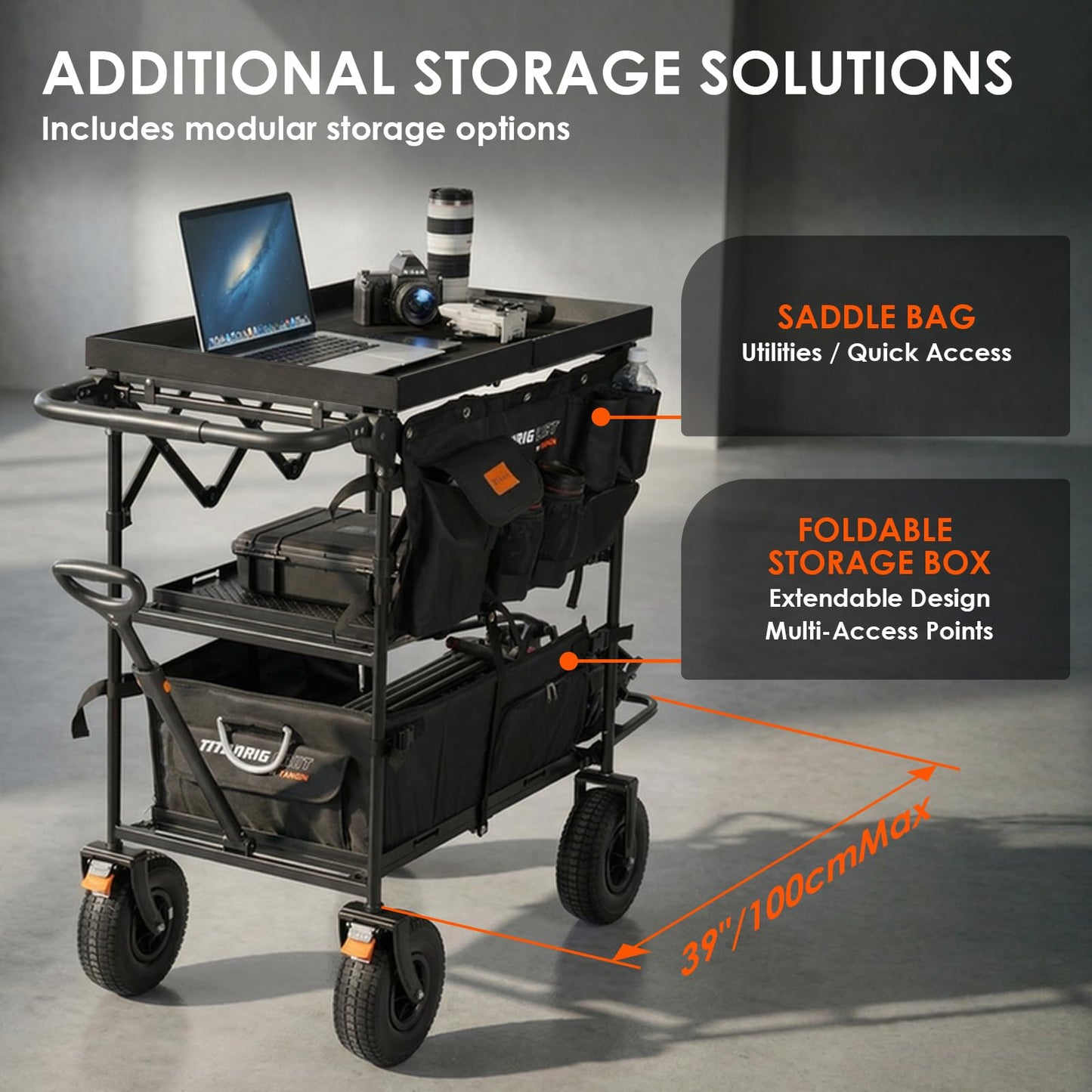 TARION Video Production Camera Cart - Foldable Photography Dolly with Inflatable Rubber Wheels and Wider Top Shelf - Heavy Duty Mobile Workstation with Storage Bins for Film Crew - Titanrig Cart Pro