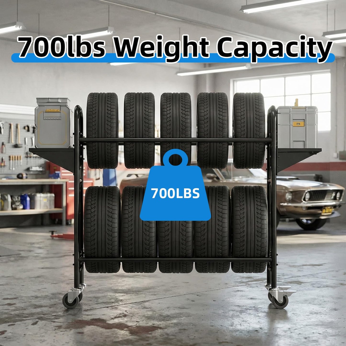 GAMINA KAVISI Tire Storage Rack, Adjustable Tire Rack for Garage, Rolling Tire Rack with 4 Swivel Casters & 2 Shelves, Durable Tire Storage Solution.59 L x 22" W x 59" H.