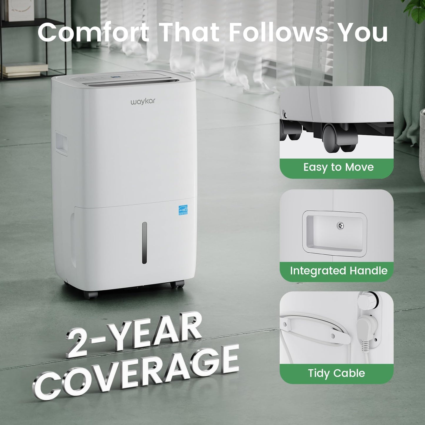 Waykar 80 Pints Energy Star Dehumidifier for Spaces up to 5,000 Sq. Ft at Home, in Basements and Large Rooms with Drain Hose and 1.14 Gallons Water Tank