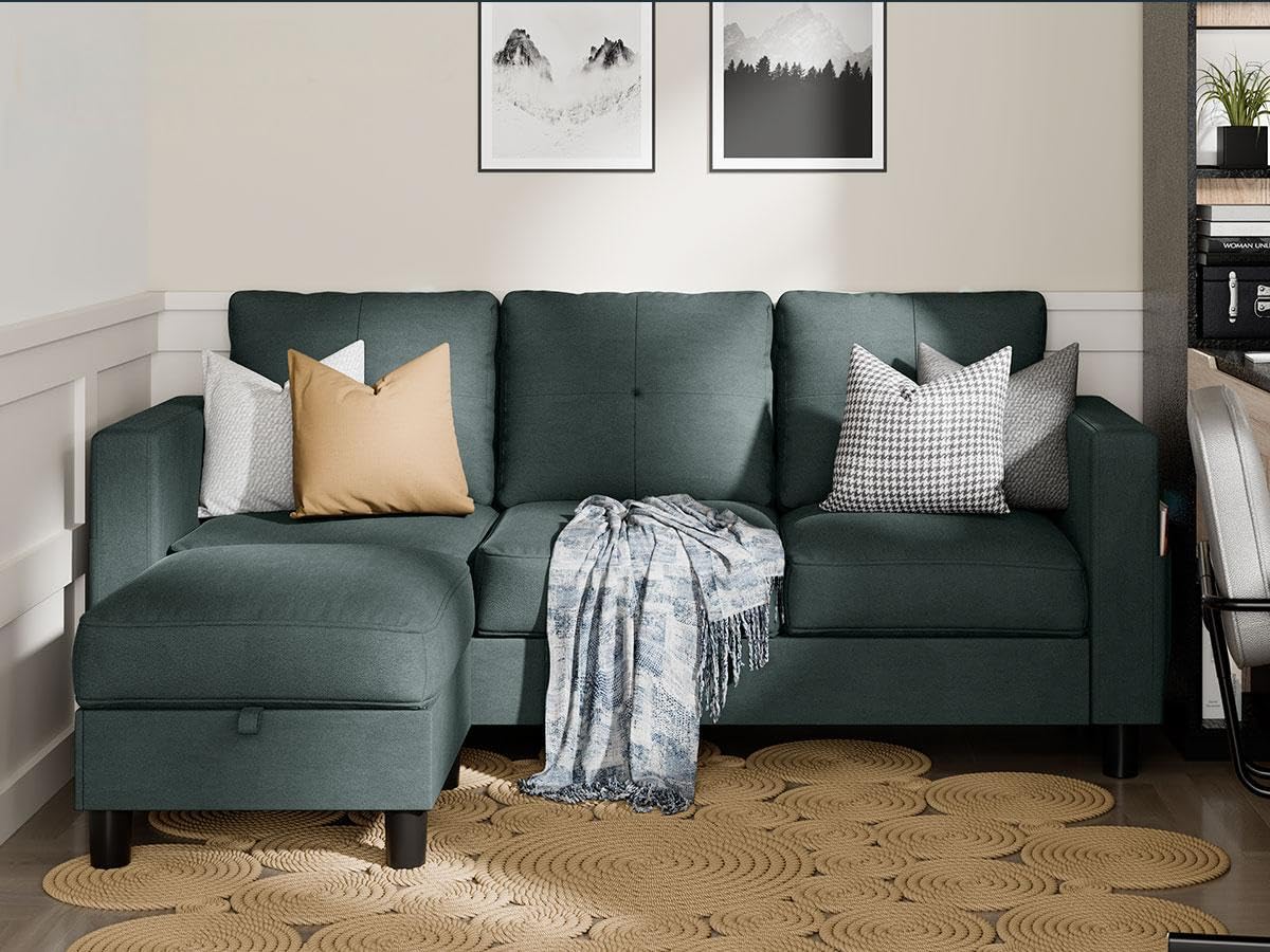 SUNLEI Convertible L-Shaped Sectional Couches for Living Room, Space-Saving 3-Seat Couch for Small Apartments & Living Rooms, Linen Fabric, Dark Grey