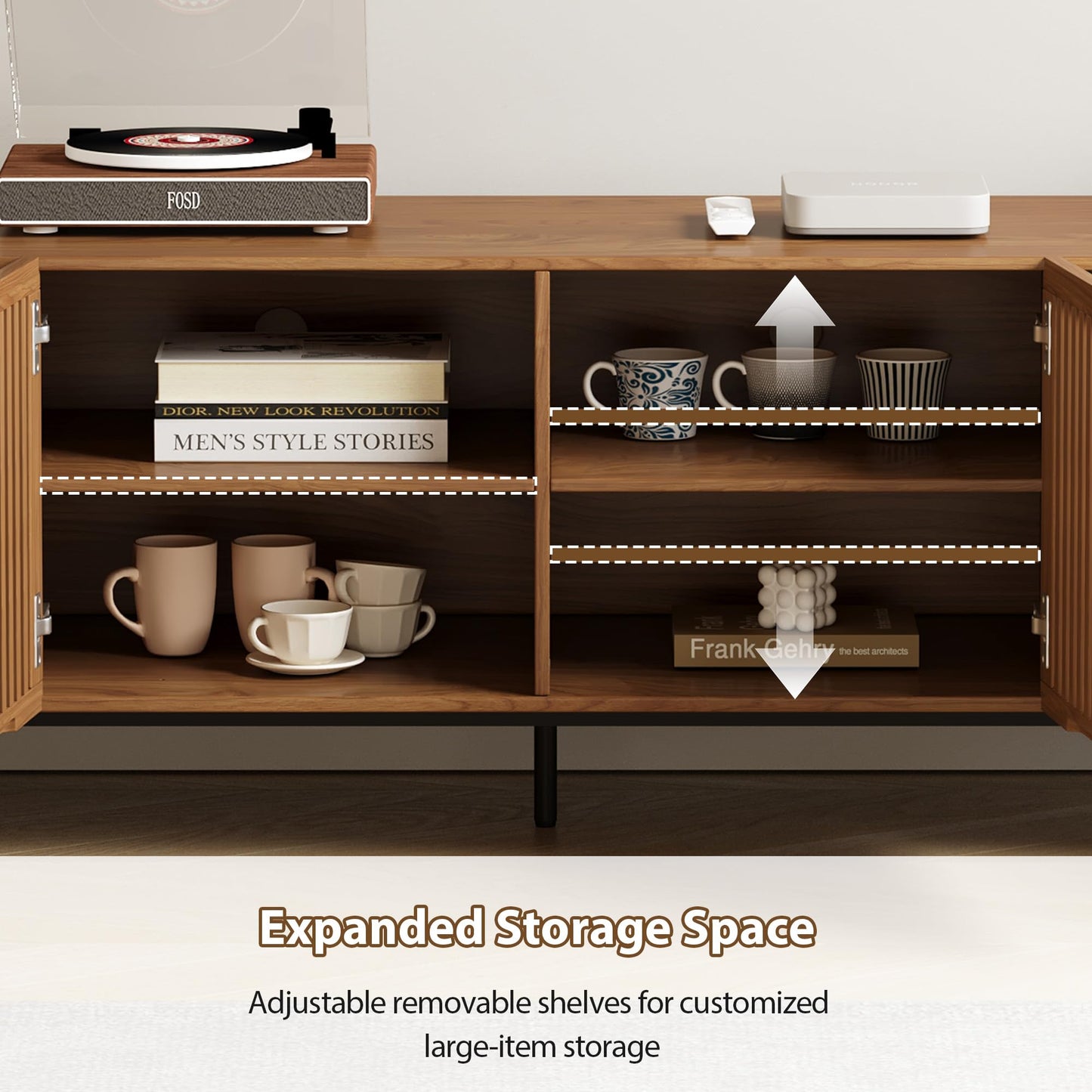 gaoyangjiaju 70.87" Mid Century Modern TV Stand, Walnut Media Console for 70 Inch TVs, Entertainment Cabinet with 4 Storage Compartments for Living Room or Bedroom