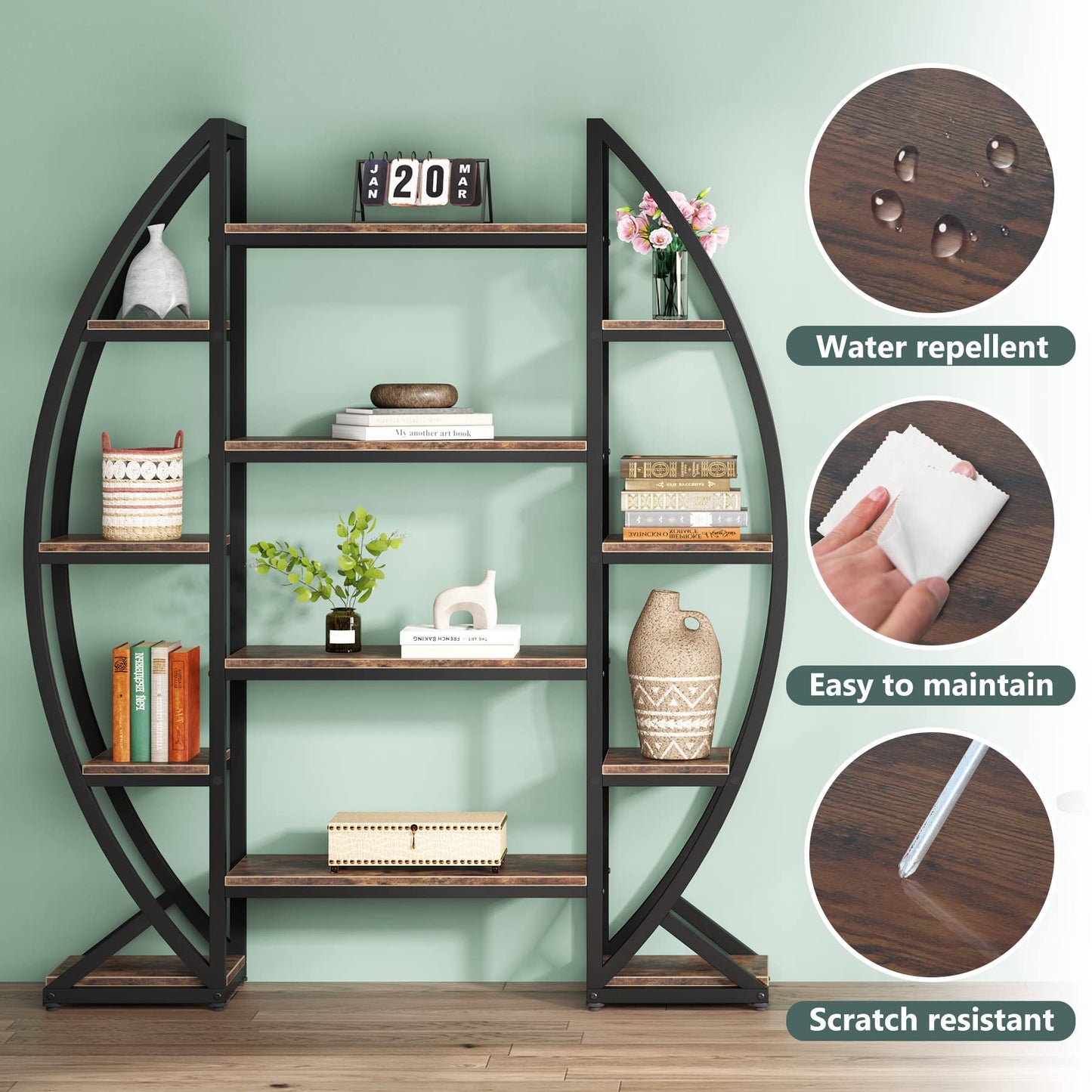 Tribesigns Oval Bookshelf, Triple Wide 5 Tier Etagere Bookcase, Industrial Display Shelves for Living Room (Brown, 55")