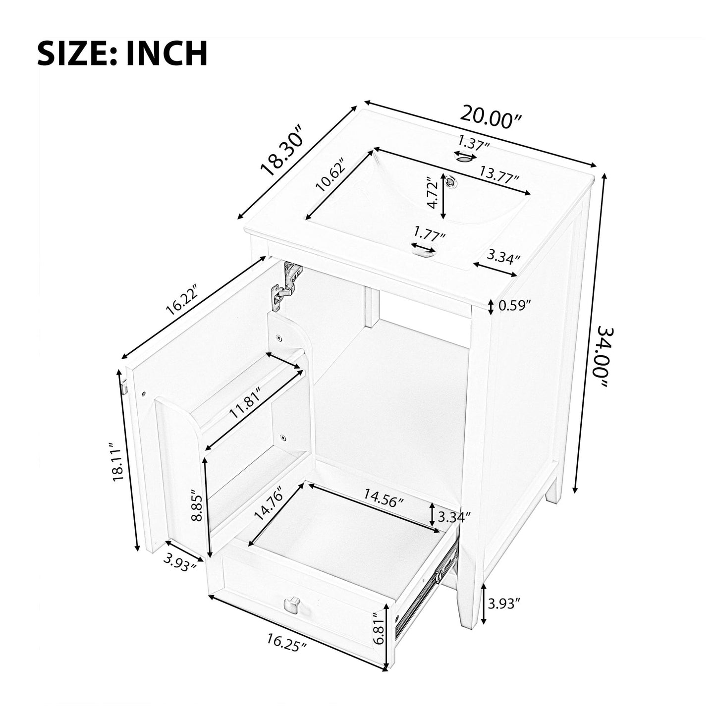 20" Bathroom Vanity with Ceramic Sink Top Set, Multi-Functional Storage Cabinet with Rack Organizer and Drawer, Soft-Closing Door, Solid Wood Frame, Black