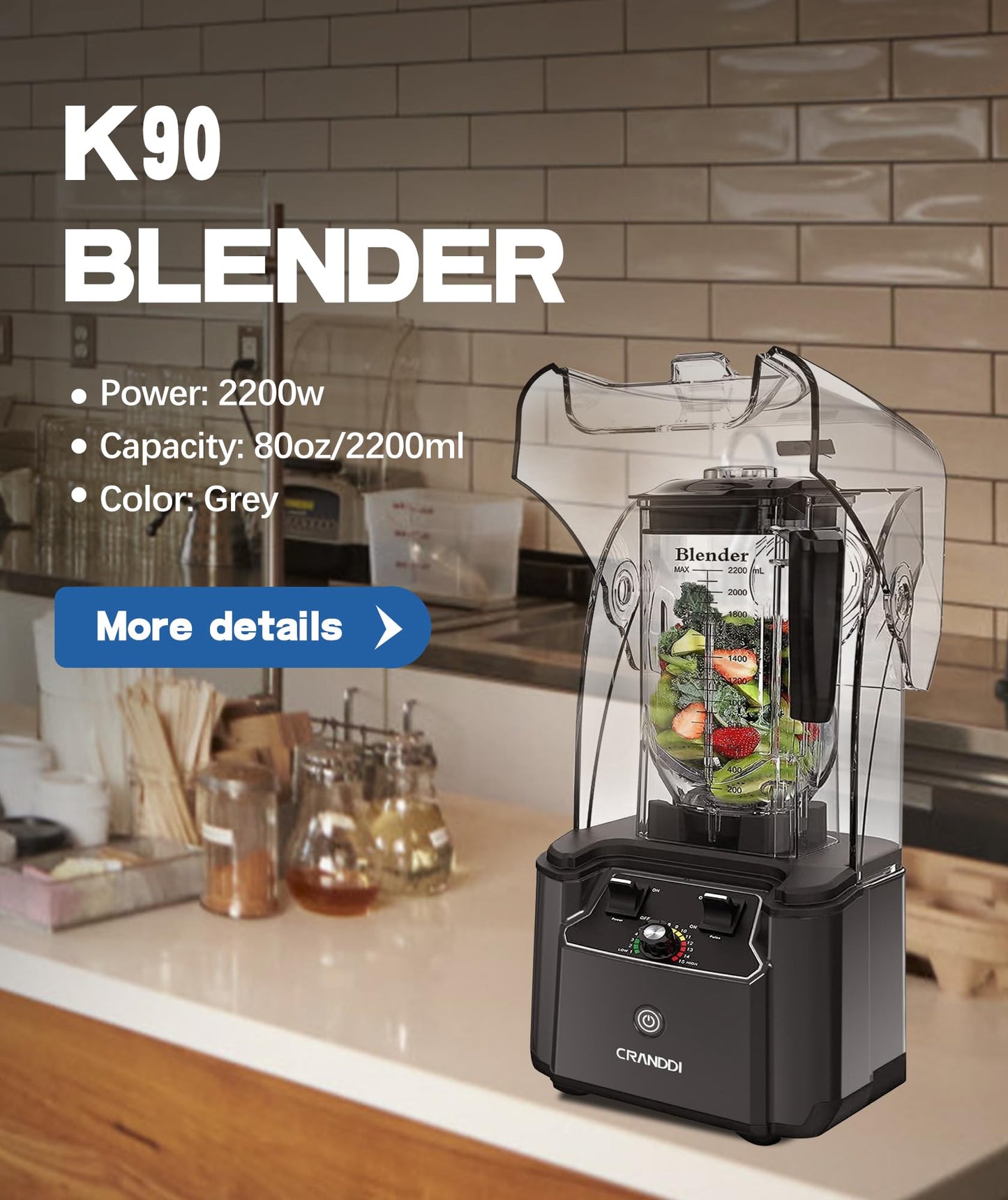 CRANDDI Quiet Commercial Blender with Soundproof Shield, 2200 Watt Professional Blenders for Kitchen with 80oz Jar and Self-Cleaning, High-Speed Blenders K90 Grey