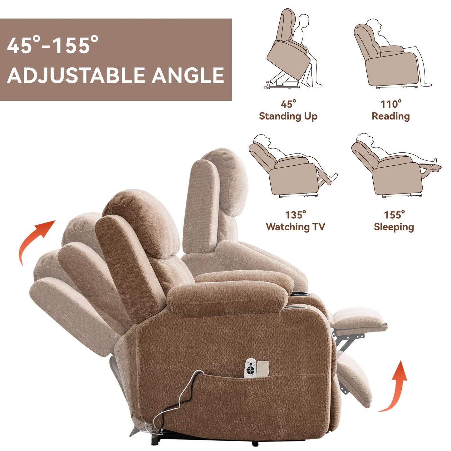 KEIKI Power Lift Recliner Chair for Seniors, Infinite Position Single Motor Lift Chair with Massage and Lumbar Heating, Upholstered Armchair Single Sofa with Cup Holders for Living Room, Brown