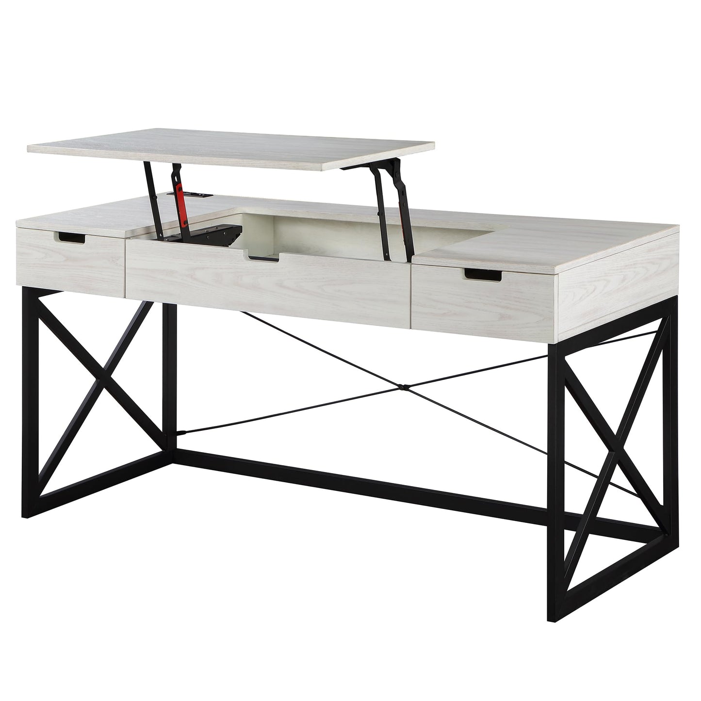 24/7 Shop at Home Ashiya Transitional 2 Drawers Metal Hidden Storage Desk with Lift-Top, USB Port, Power Outlet for Workstation, Home Office, Study Room, Antique White