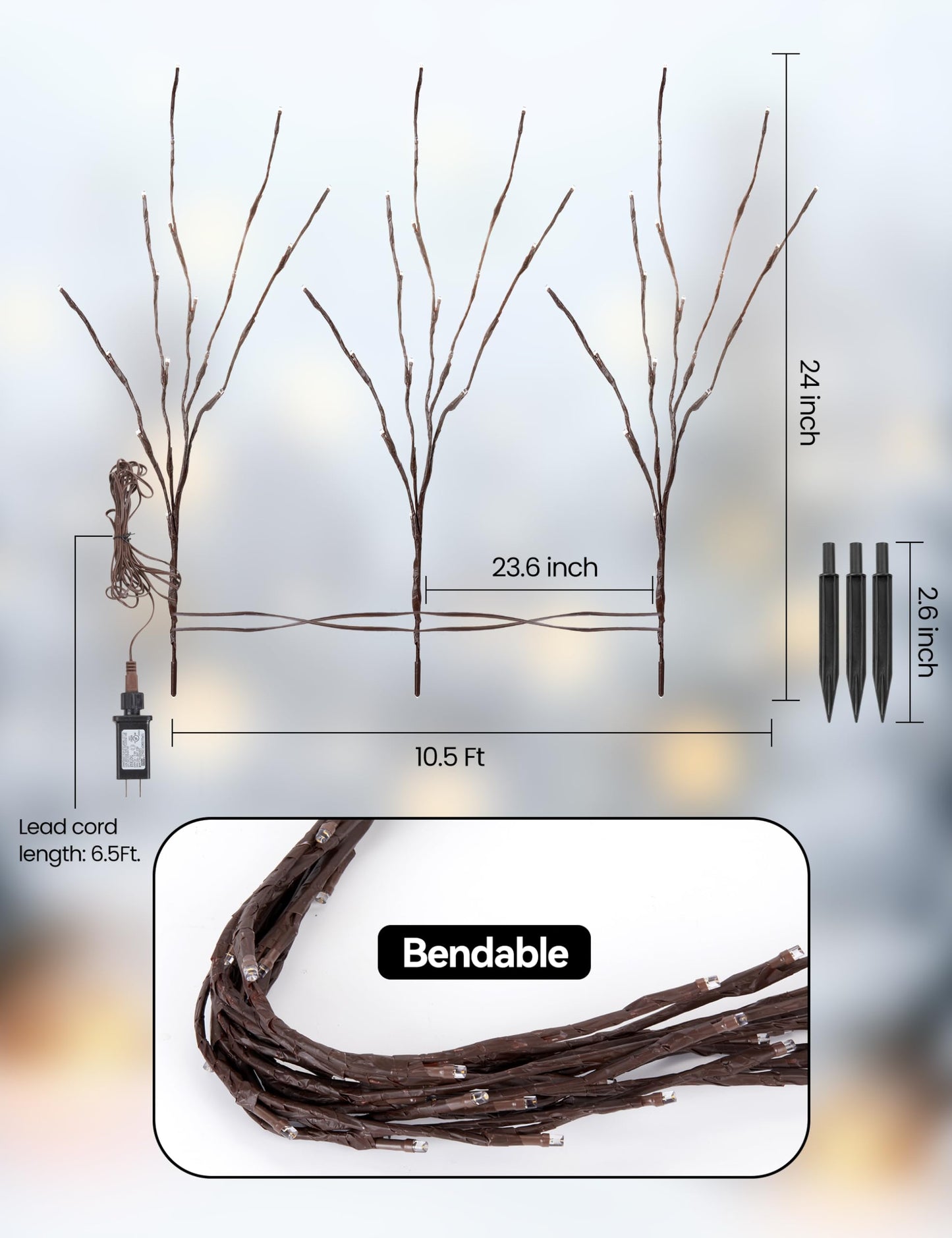 Brightown Lighted Branches - 60 LED Twig Pathway Lights, 3 Pack, 24 Inch, Warm White, Plastic, Model 124-14