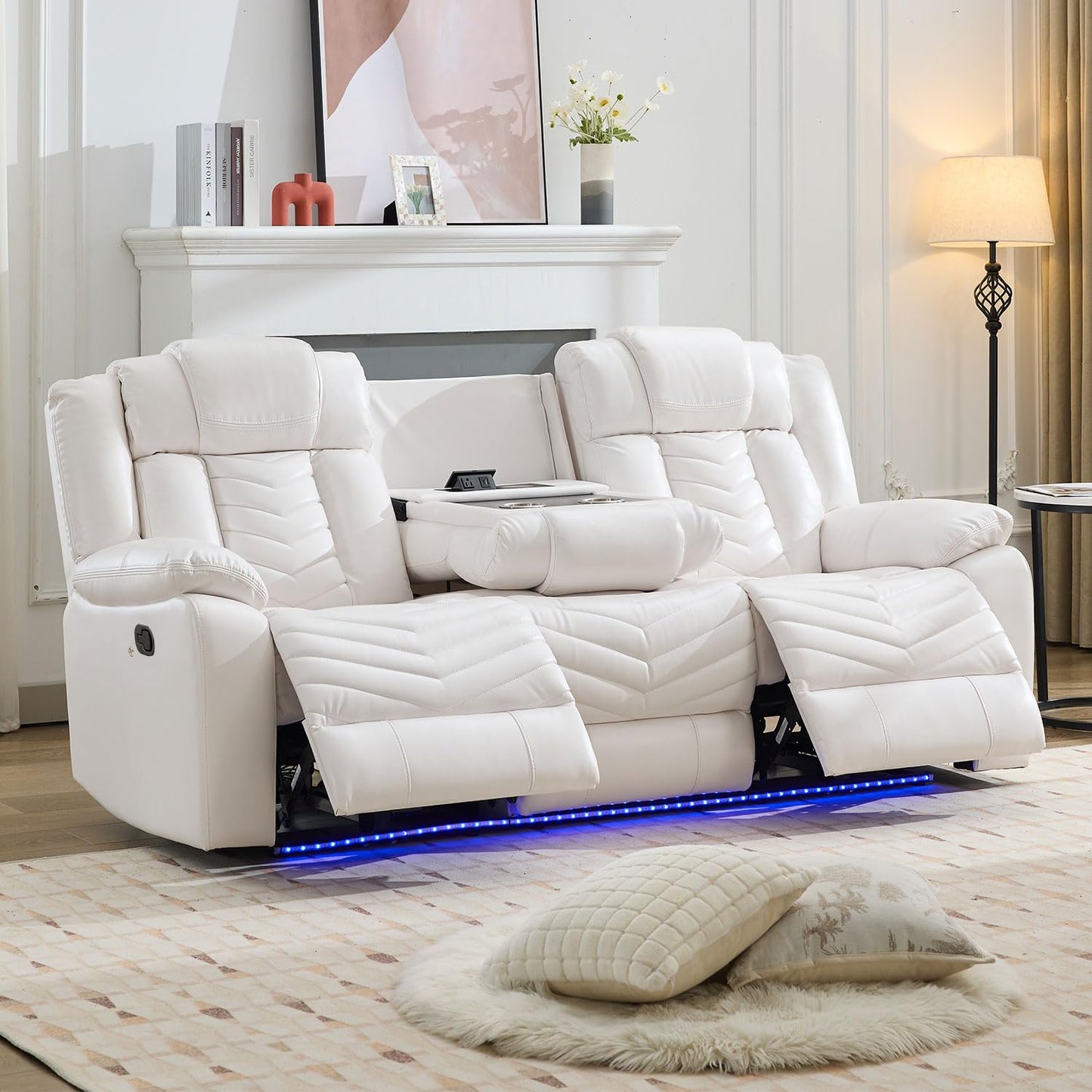 KEIKI 2-Piece Power Reclining Sofa Sets, Technical Leather Loveseat Sofa & 3 Seat Sofa, Living Room Furniture Set with Electric Recliners, Wireless Charger, Cup Holder, Storage Armrest, White