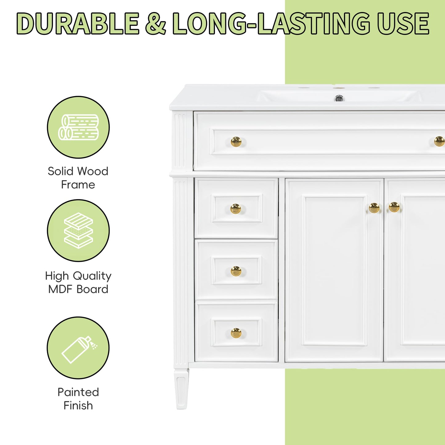 36" Bathroom Vanity Cabinet with Ceramic Countertop Sink Combo Set, Solid Wood Frame, Tilt-Out Drawers and Left Side Drawers, Soft Closing Door Hinges, Modern Style, White
