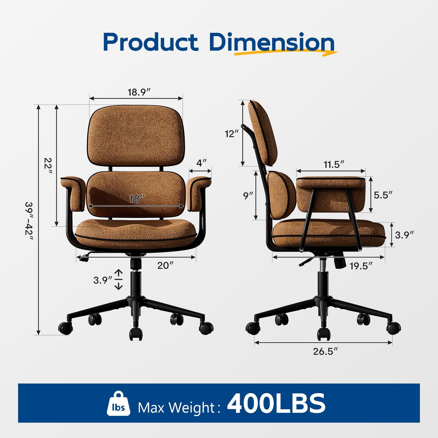 HomeZeer Brown Office Chair with Memory Foam Cushion, Fabric Office Chair with Wheels and Arms, Mid Century Modern Desk Chair with Adjustable Height and Granular Linen
